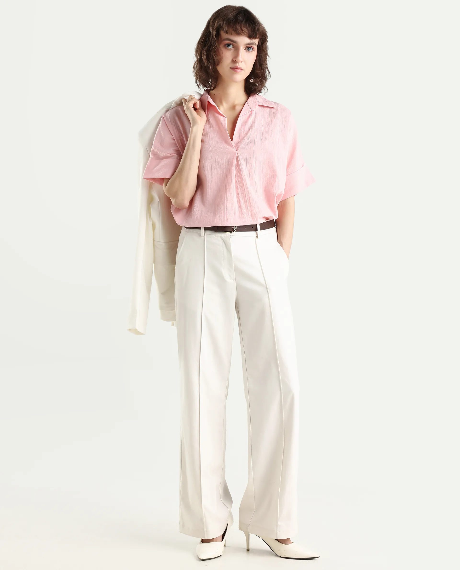 Rareism Women's Azzure Light Pink Cotton Half Sleeve Jonny Collar Boxy Fit plain Top - Image 2