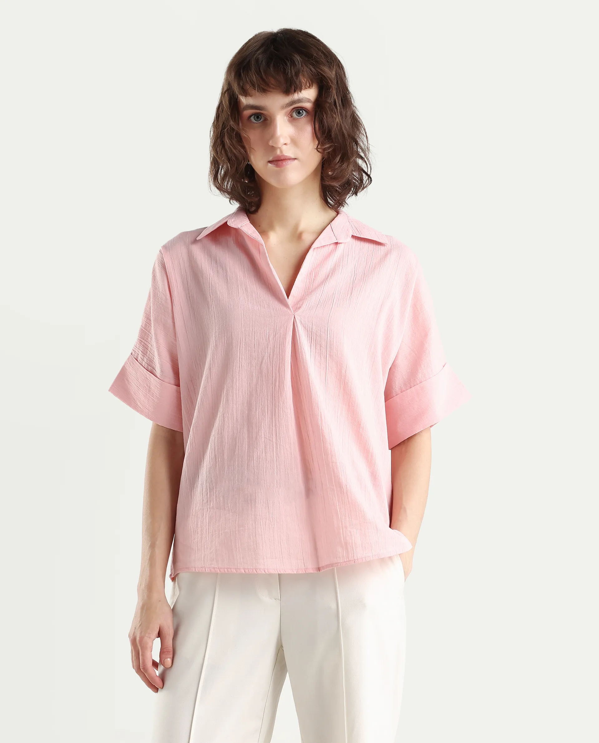 Rareism Women's Azzure Light Pink Cotton Half Sleeve Jonny Collar Boxy Fit plain Top - Image 3