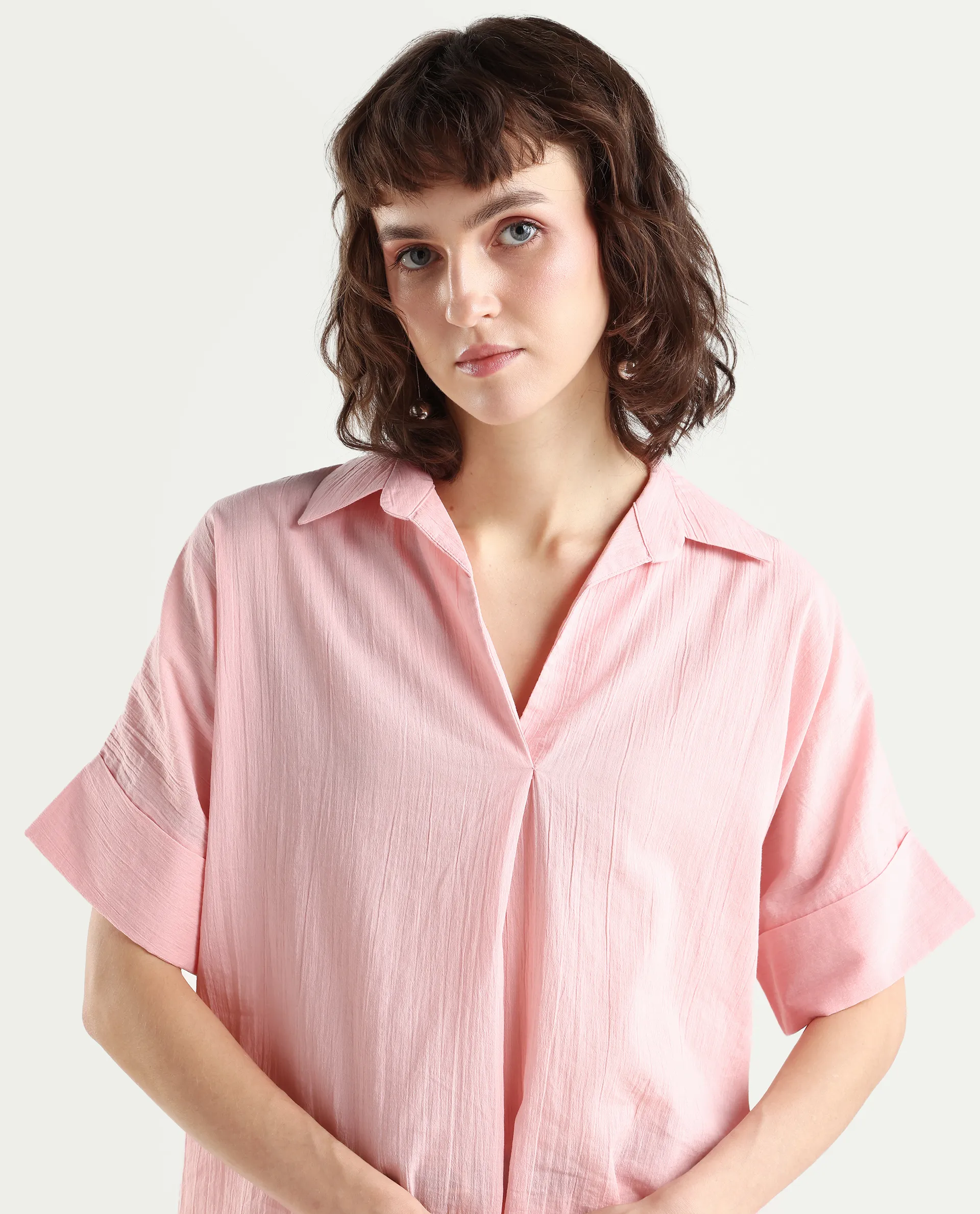 Rareism Women's Azzure Light Pink Cotton Half Sleeve Jonny Collar Boxy Fit plain Top - Image 4