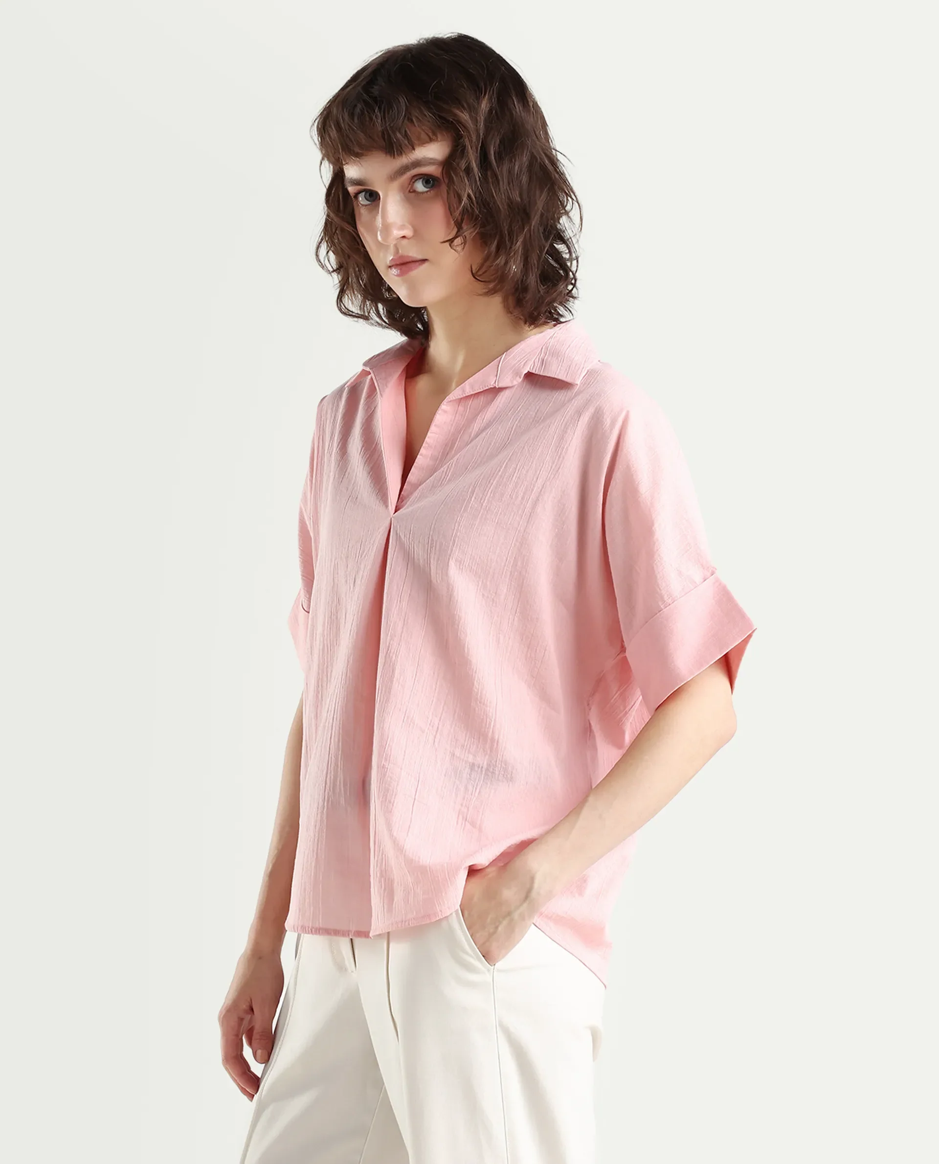 Rareism Women's Azzure Light Pink Cotton Half Sleeve Jonny Collar Boxy Fit plain Top - Image 5