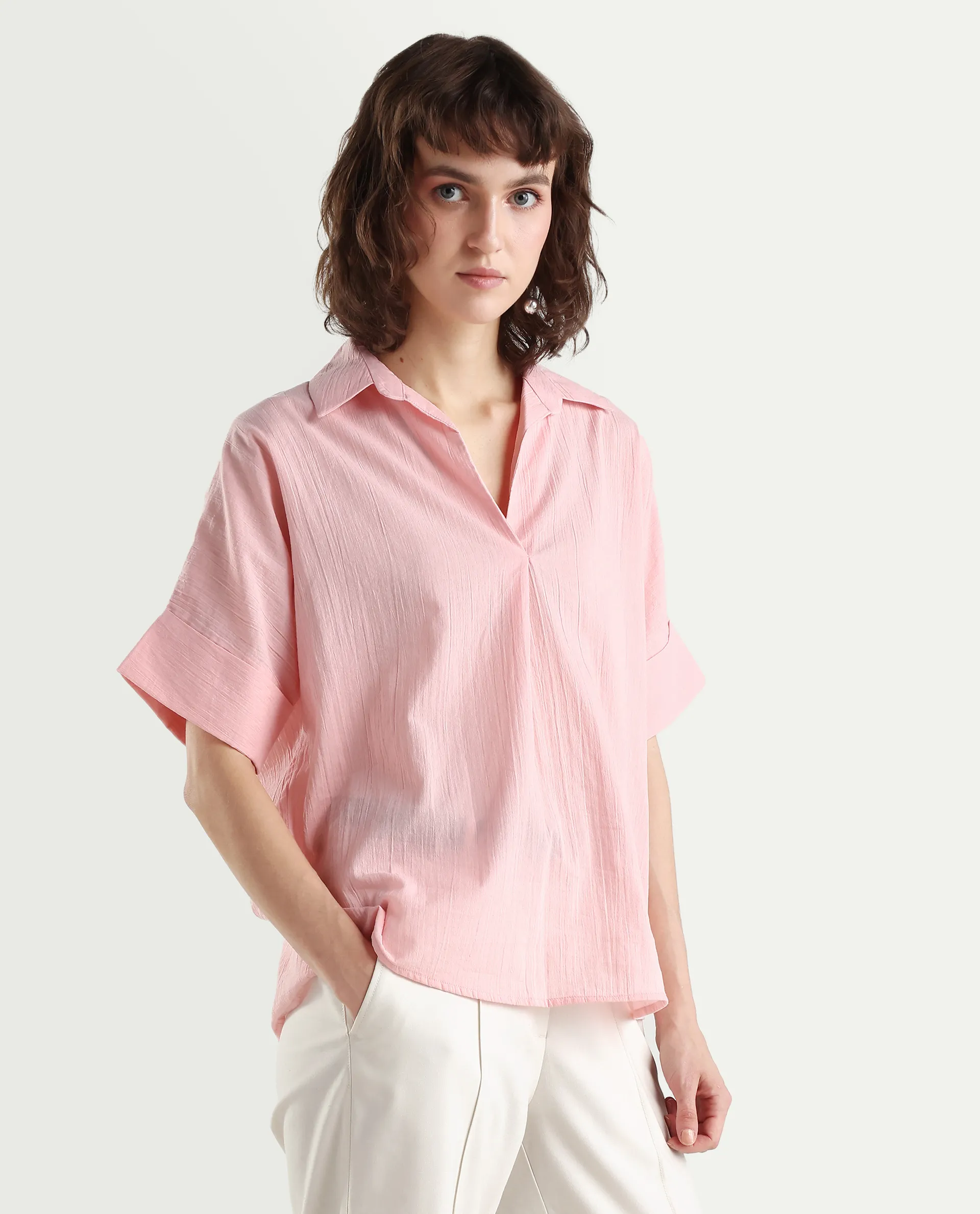 Rareism Women's Azzure Light Pink Cotton Half Sleeve Jonny Collar Boxy Fit plain Top - Image 6