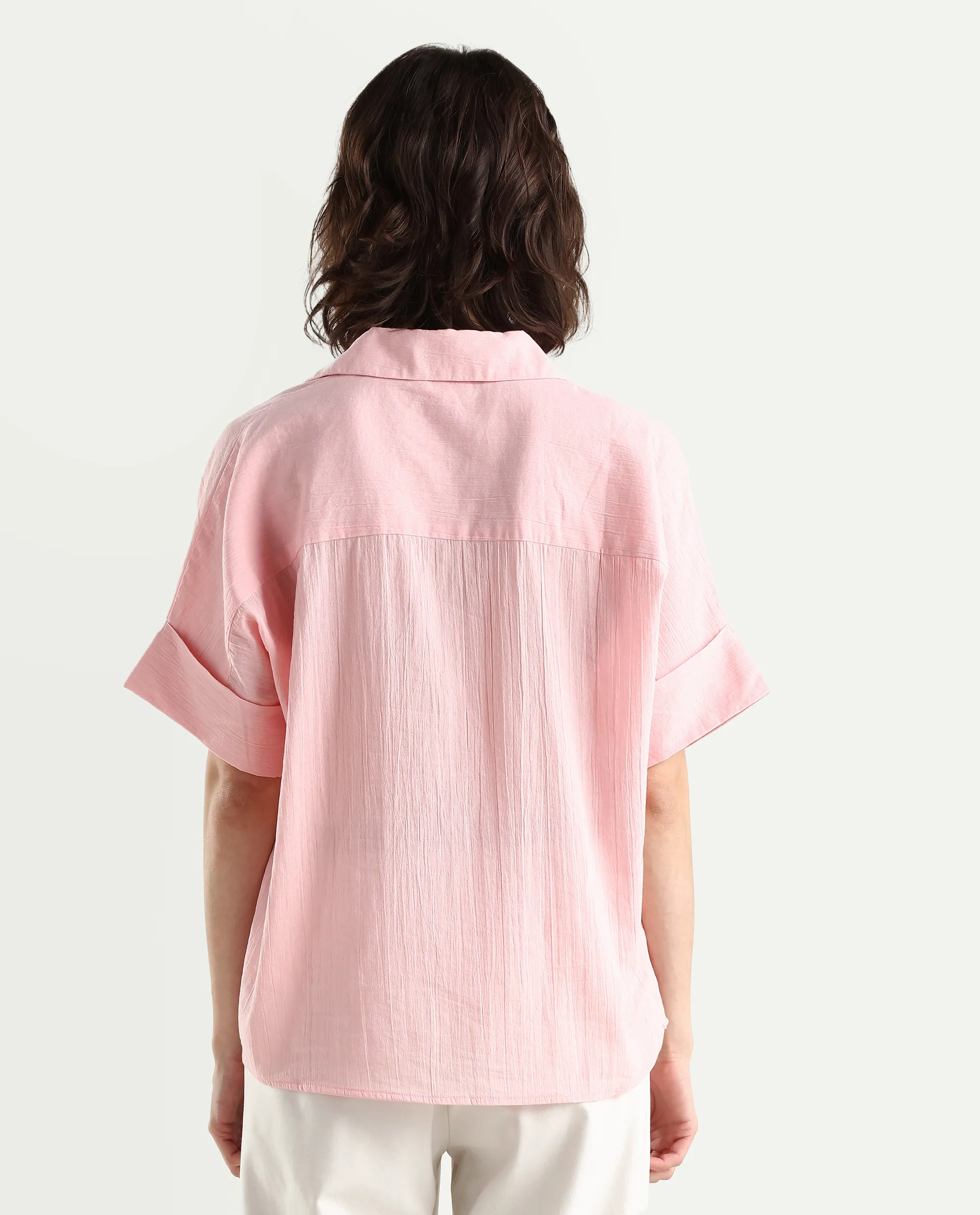 Rareism Women's Azzure Light Pink Cotton Half Sleeve Jonny Collar Boxy Fit plain Top - Image 7