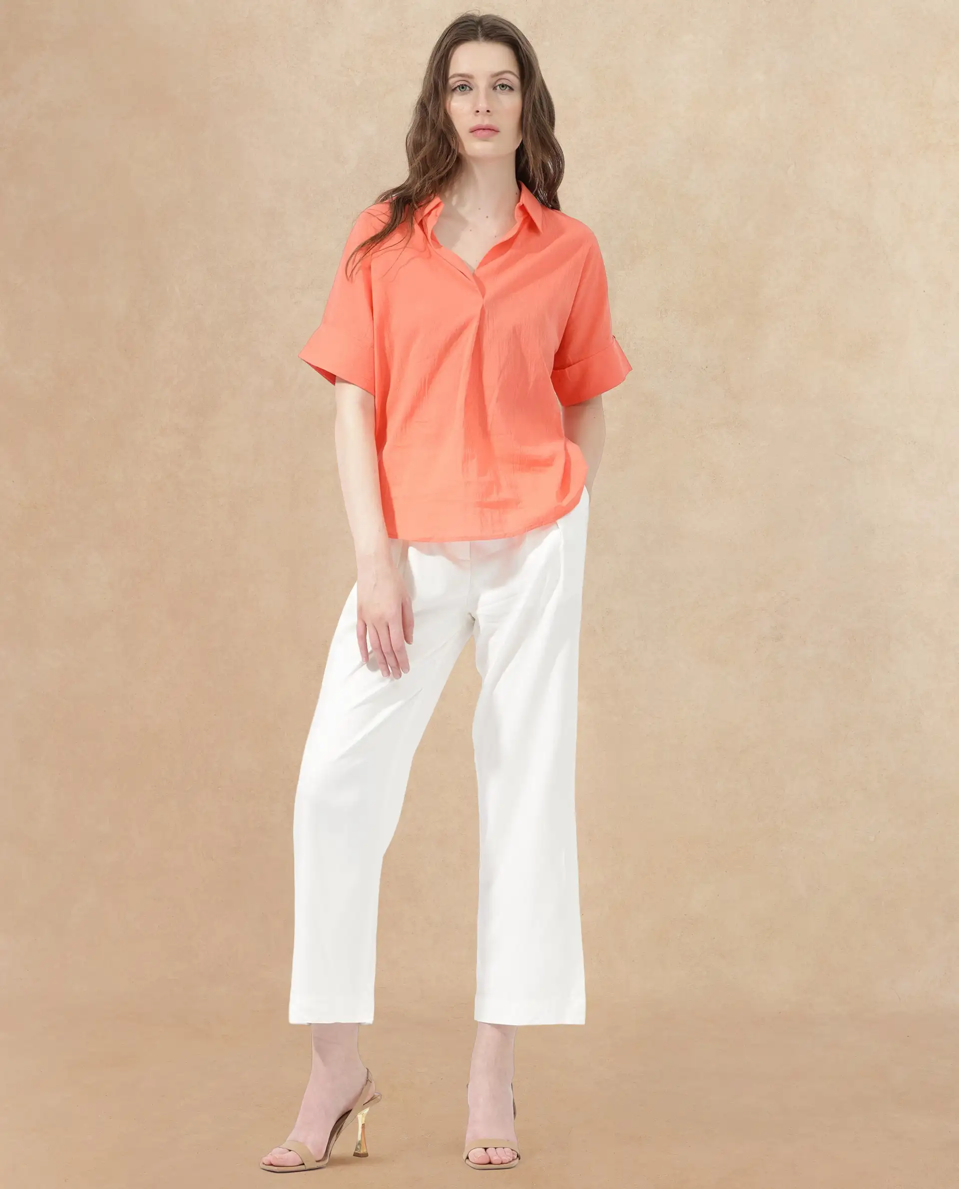 Rareism Women's Azzure Orange Cotton Drop Collar Plain Extended Sleeves Boxy Fit Top - Image 2