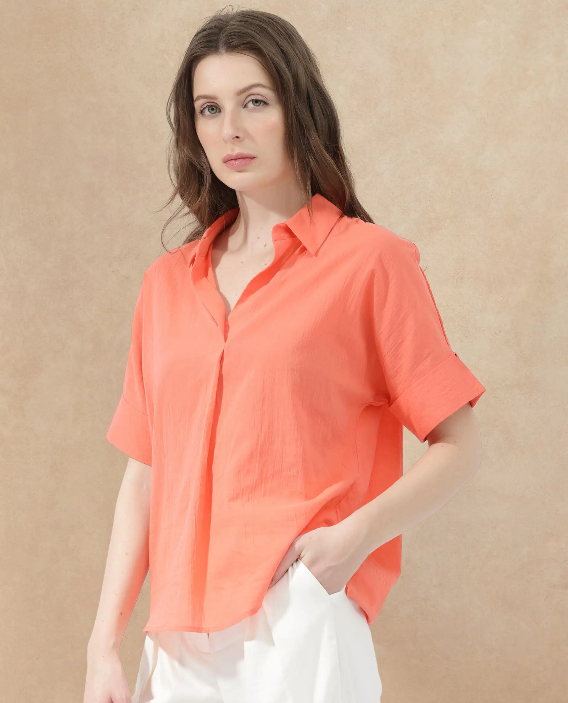 Rareism Women's Azzure Orange Cotton Drop Collar Plain Extended Sleeves Boxy Fit Top - Image 3