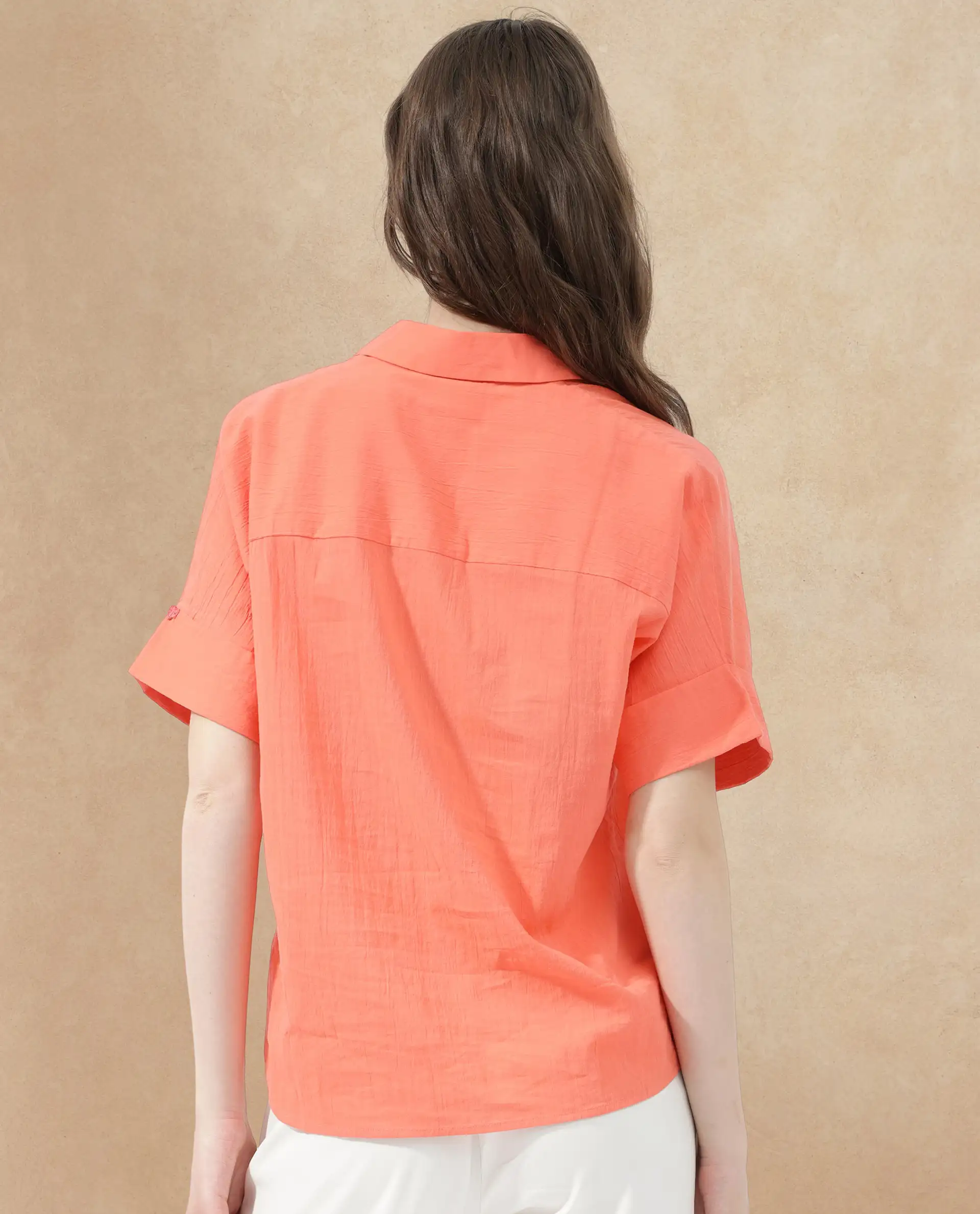 Rareism Women's Azzure Orange Cotton Drop Collar Plain Extended Sleeves Boxy Fit Top - Image 5