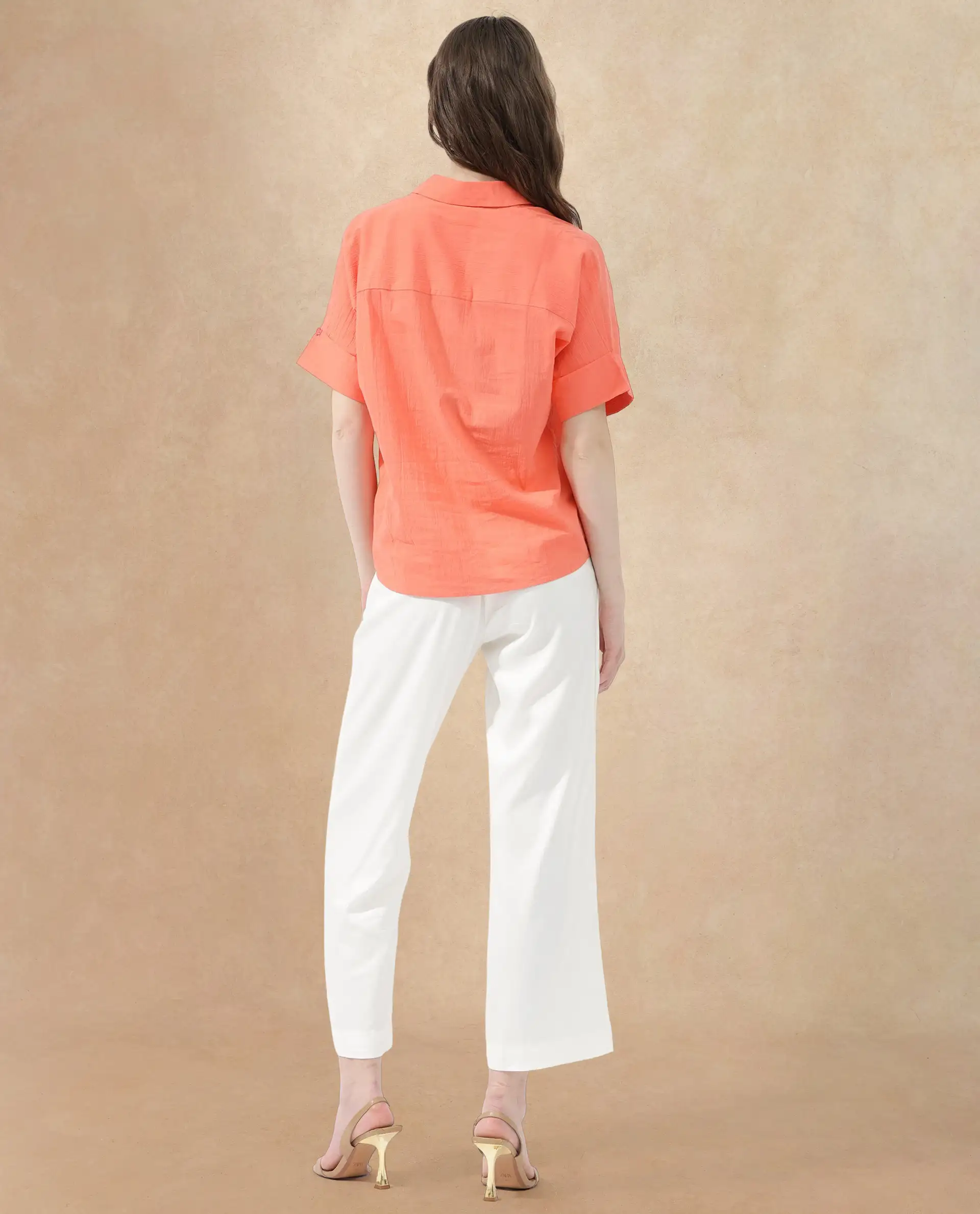 Rareism Women's Azzure Orange Cotton Drop Collar Plain Extended Sleeves Boxy Fit Top - Image 6
