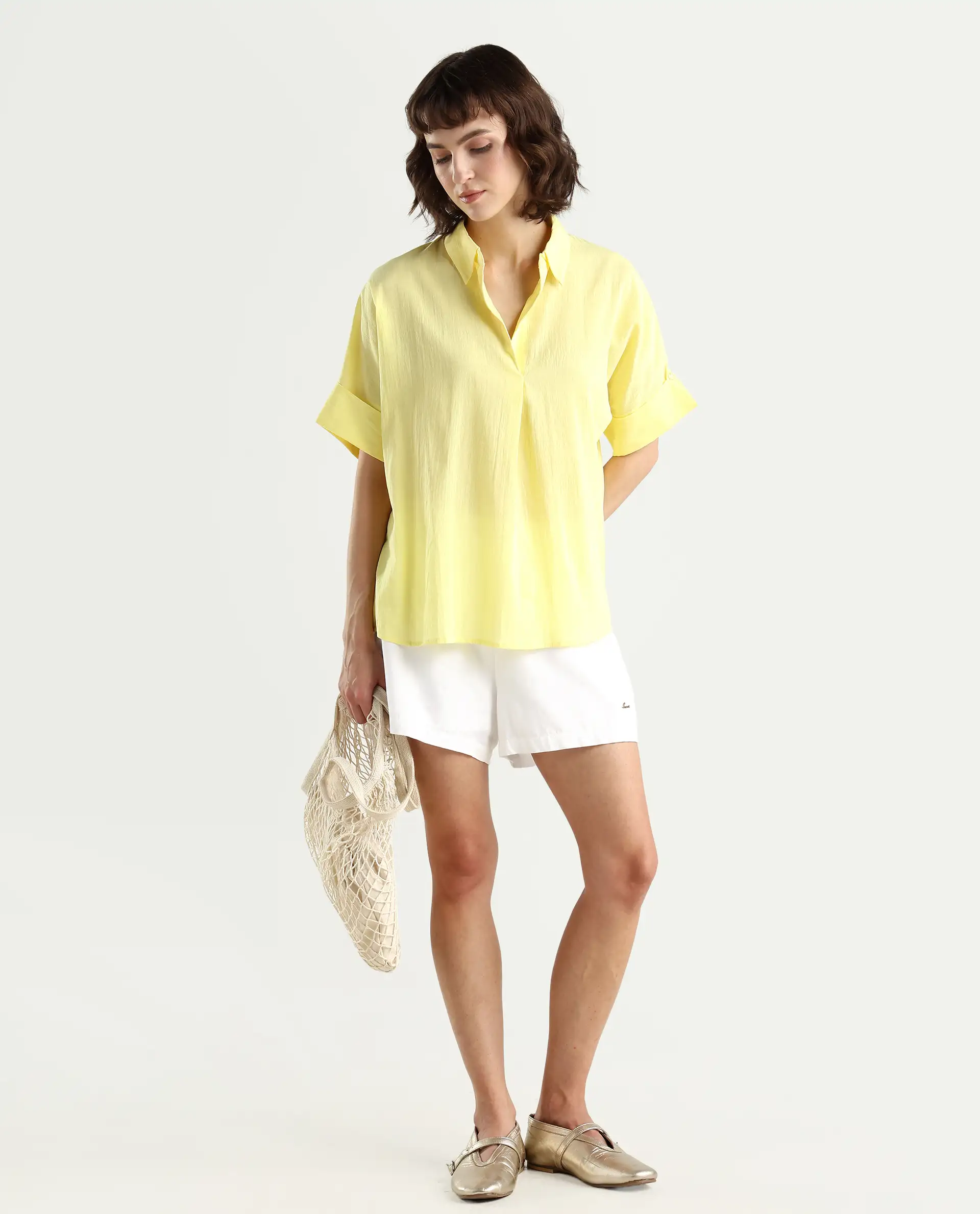 Rareism Women's Azzure Yellow Cotton Drop Collar Plain Extended Sleeves Boxy Fit Top - Image 2