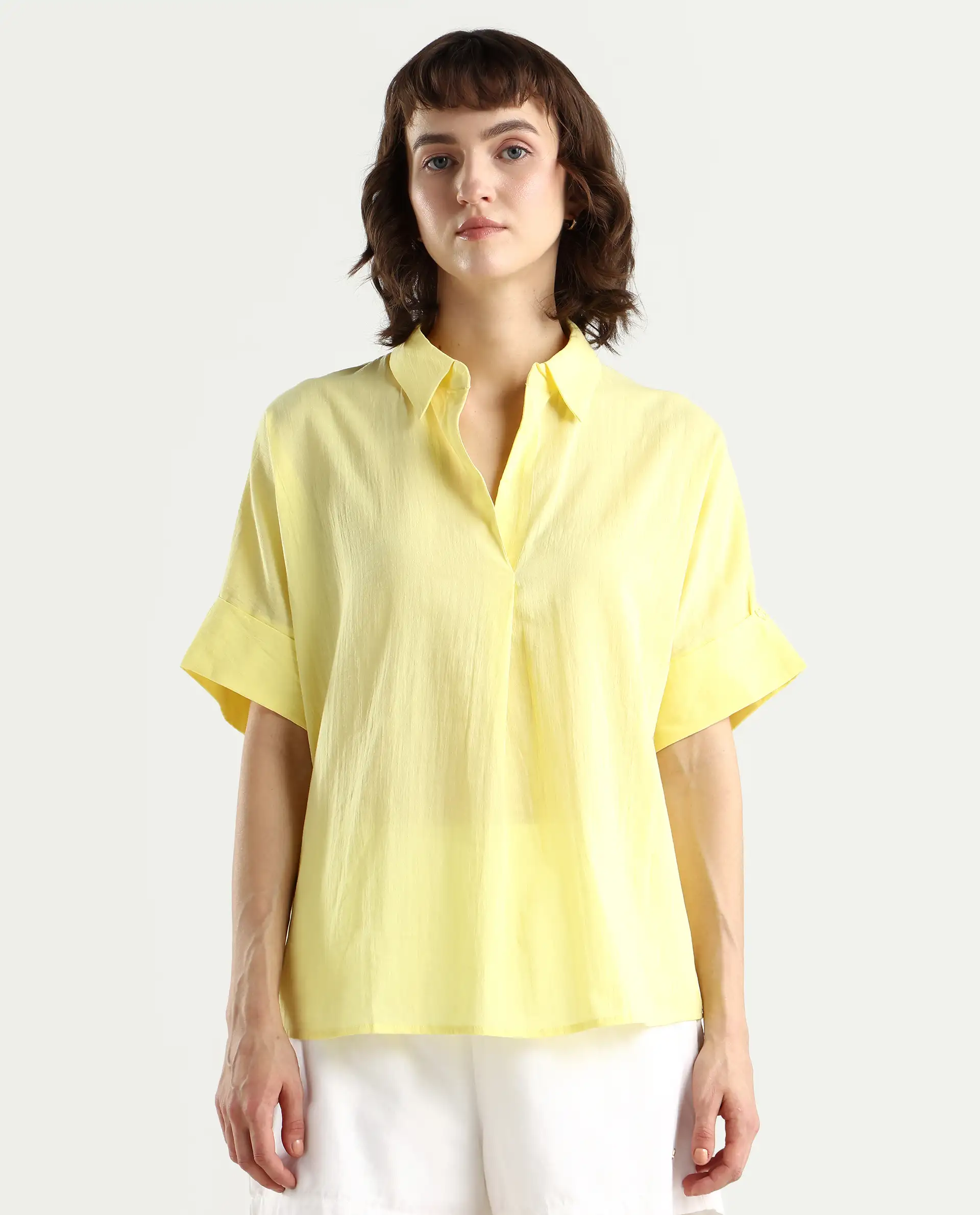 Rareism Women's Azzure Yellow Cotton Drop Collar Plain Extended Sleeves Boxy Fit Top - Image 3
