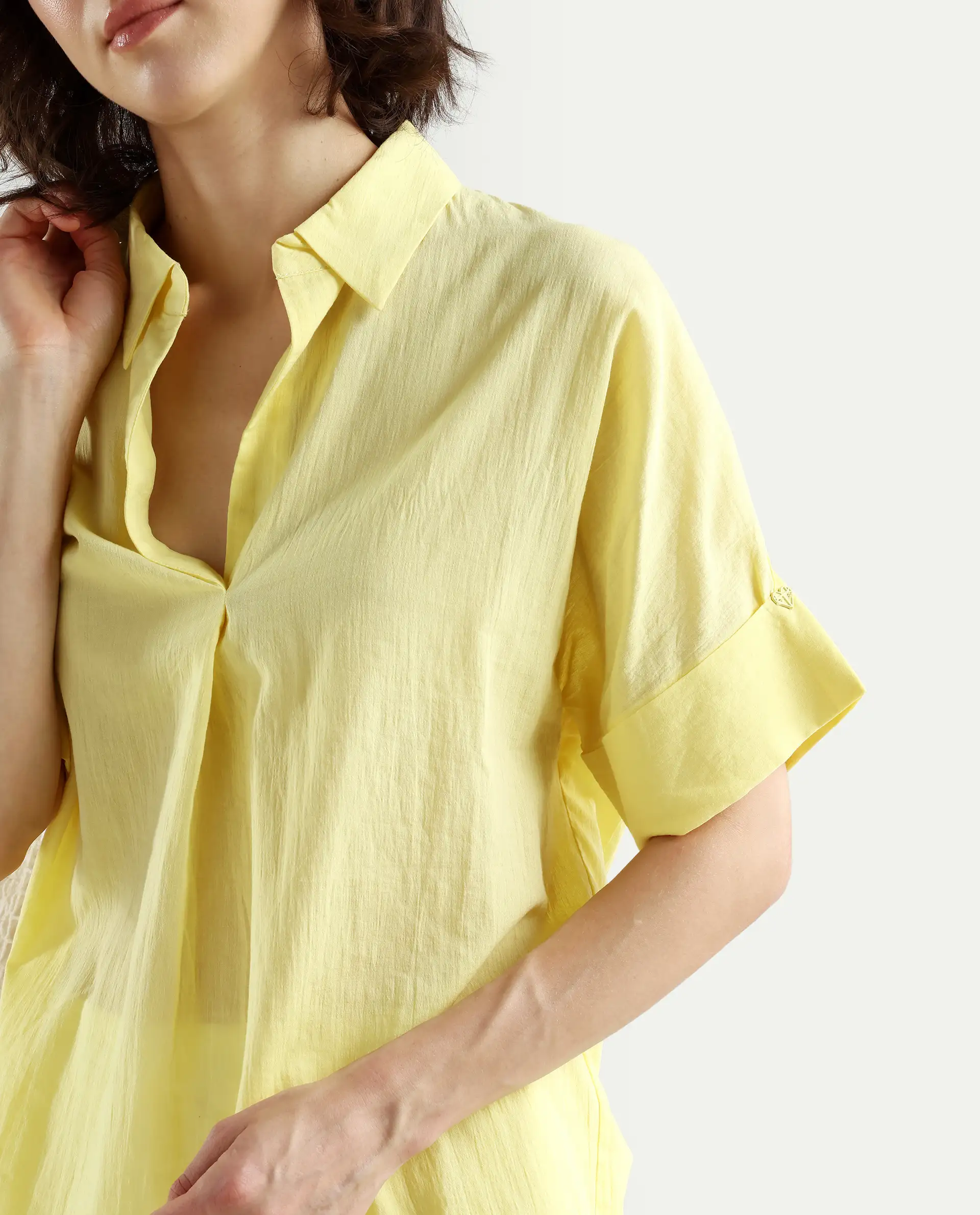 Rareism Women's Azzure Yellow Cotton Drop Collar Plain Extended Sleeves Boxy Fit Top - Image 4