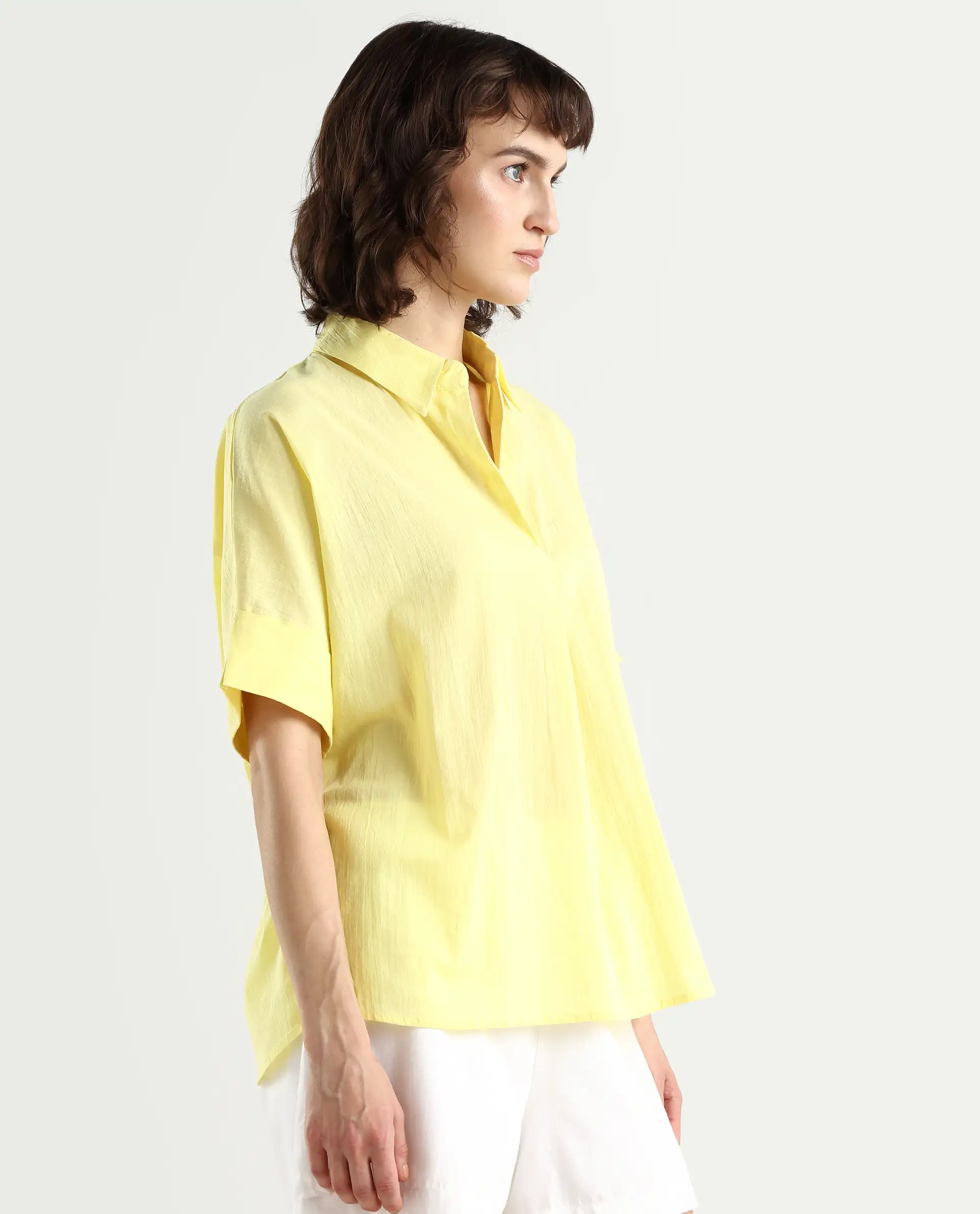 Rareism Women's Azzure Yellow Cotton Drop Collar Plain Extended Sleeves Boxy Fit Top - Image 5