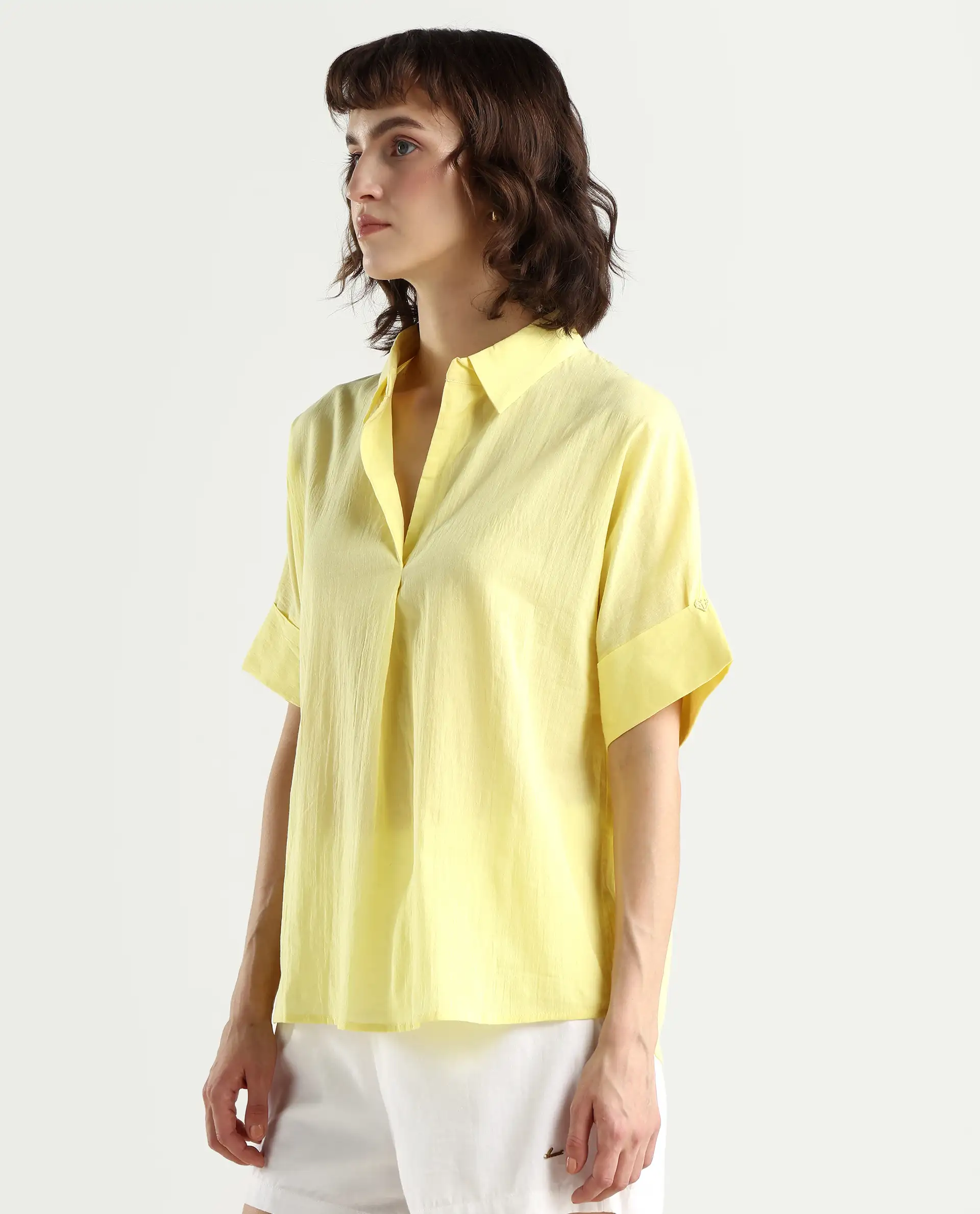 Rareism Women's Azzure Yellow Cotton Drop Collar Plain Extended Sleeves Boxy Fit Top - Image 6