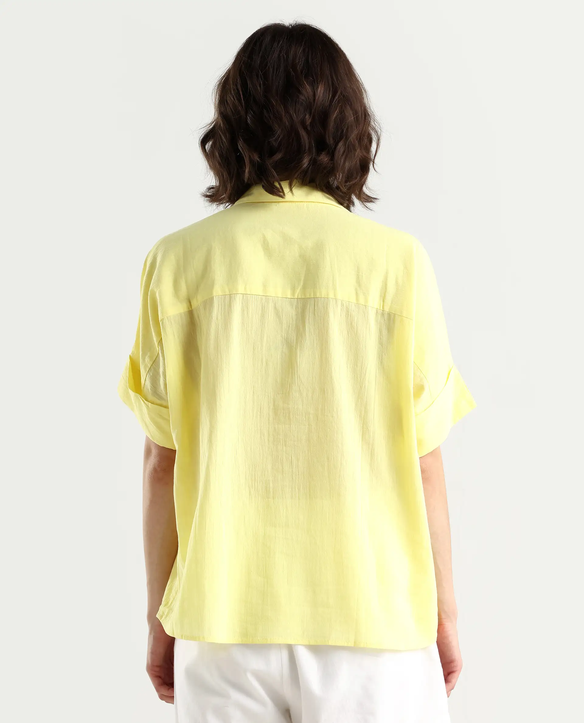 Rareism Women's Azzure Yellow Cotton Drop Collar Plain Extended Sleeves Boxy Fit Top - Image 7