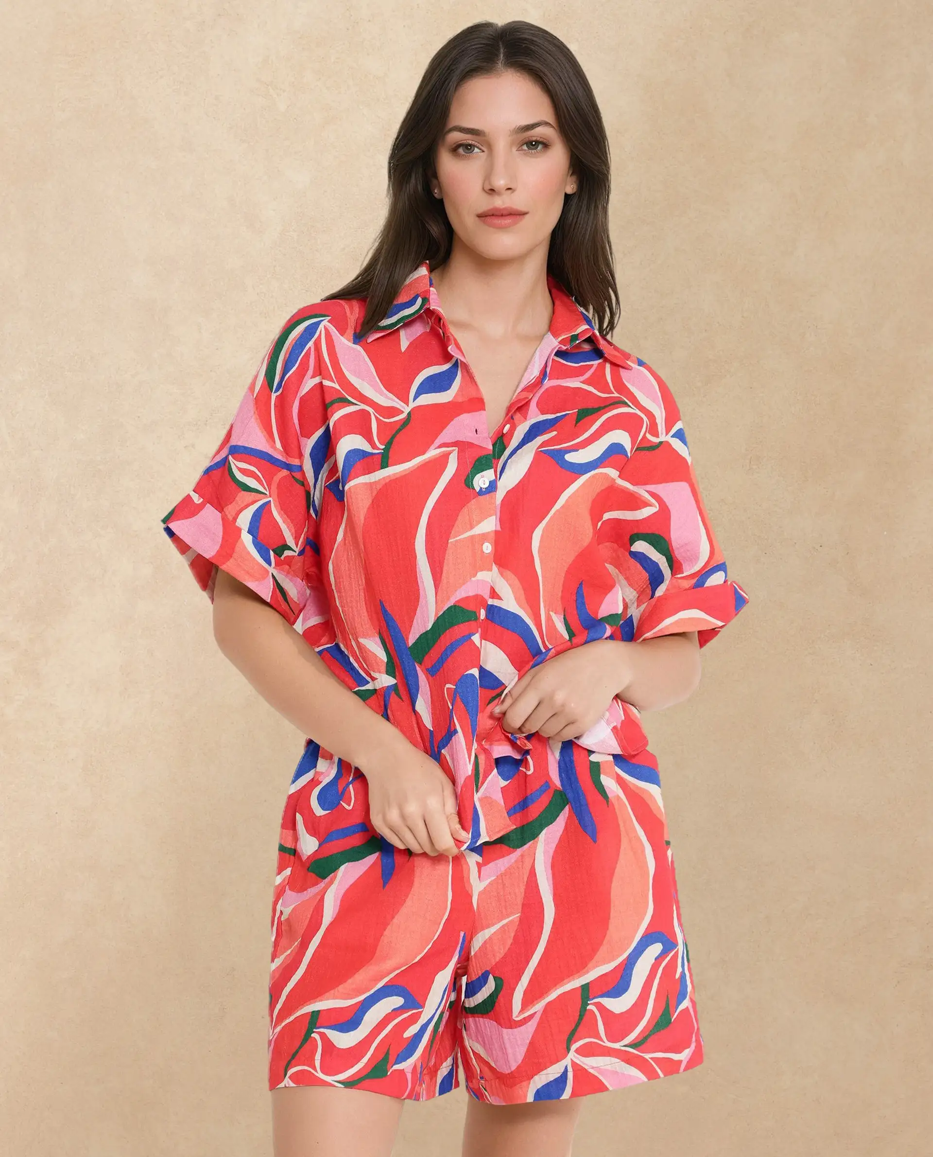 Rareism Women's Babuto-T Multi Cotton Blend Tie-Up Neck Abstract Print Extended Sleeves Regular Fit Shirt - Image 2