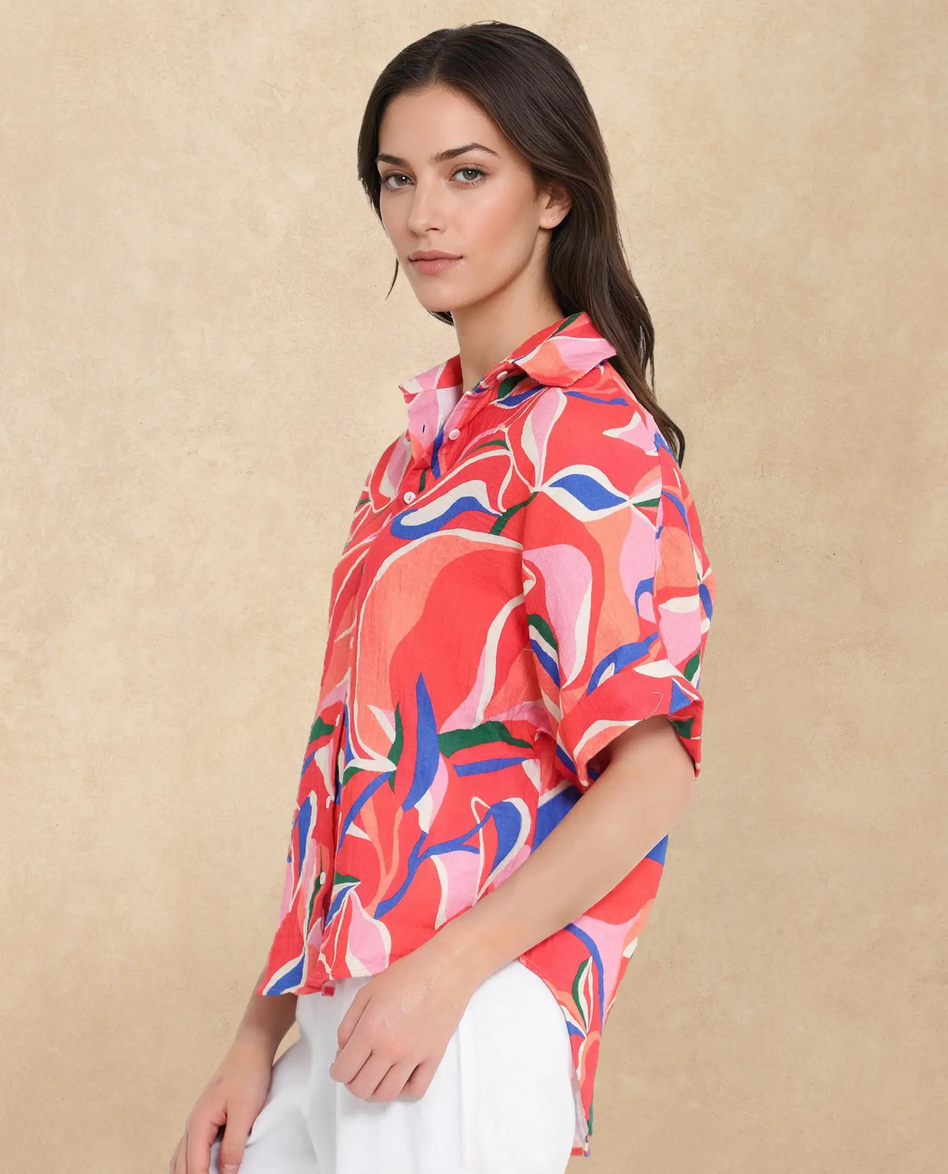 Rareism Women's Babuto-T Multi Cotton Blend Tie-Up Neck Abstract Print Extended Sleeves Regular Fit Shirt - Image 3