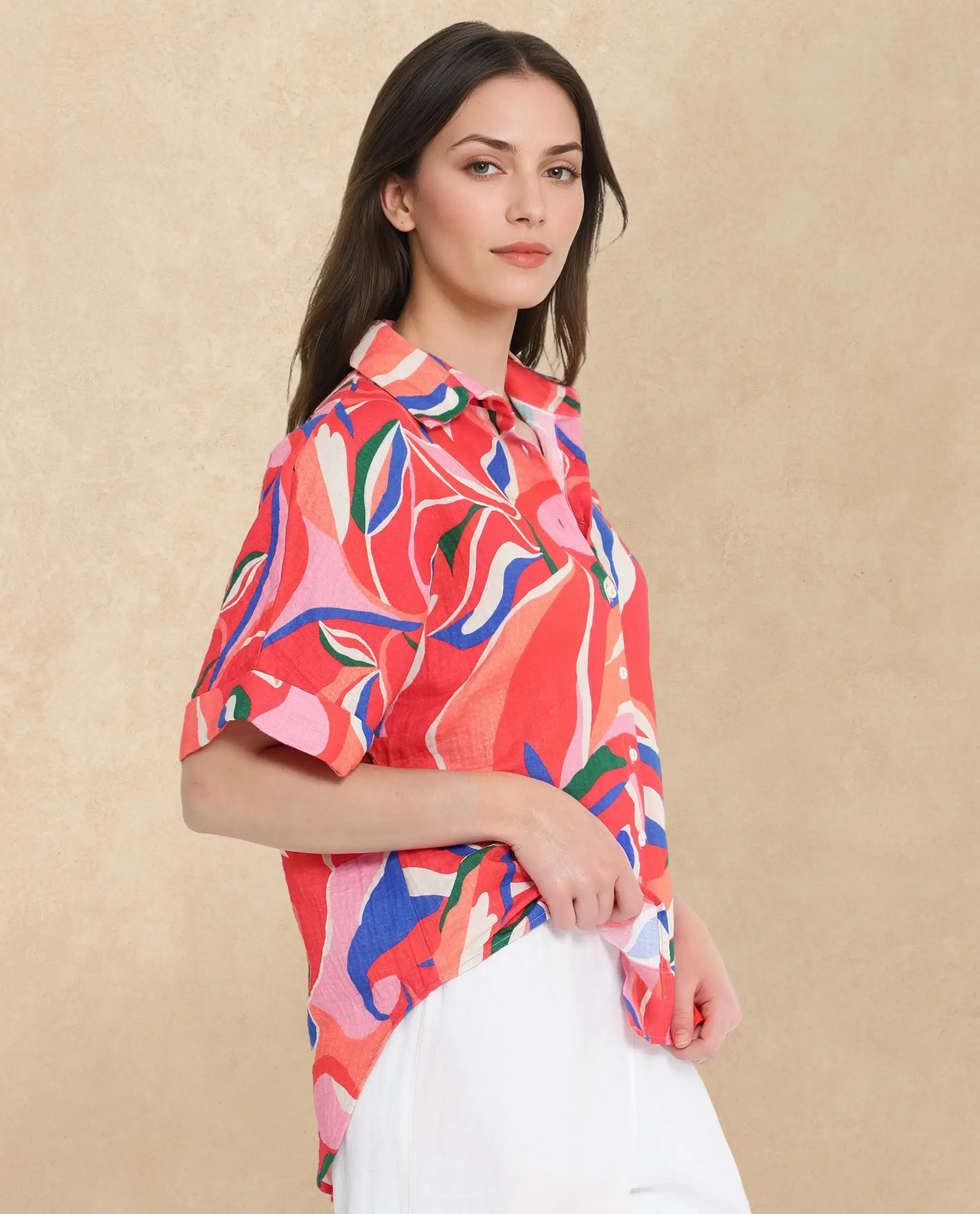Rareism Women's Babuto-T Multi Cotton Blend Tie-Up Neck Abstract Print Extended Sleeves Regular Fit Shirt - Image 4