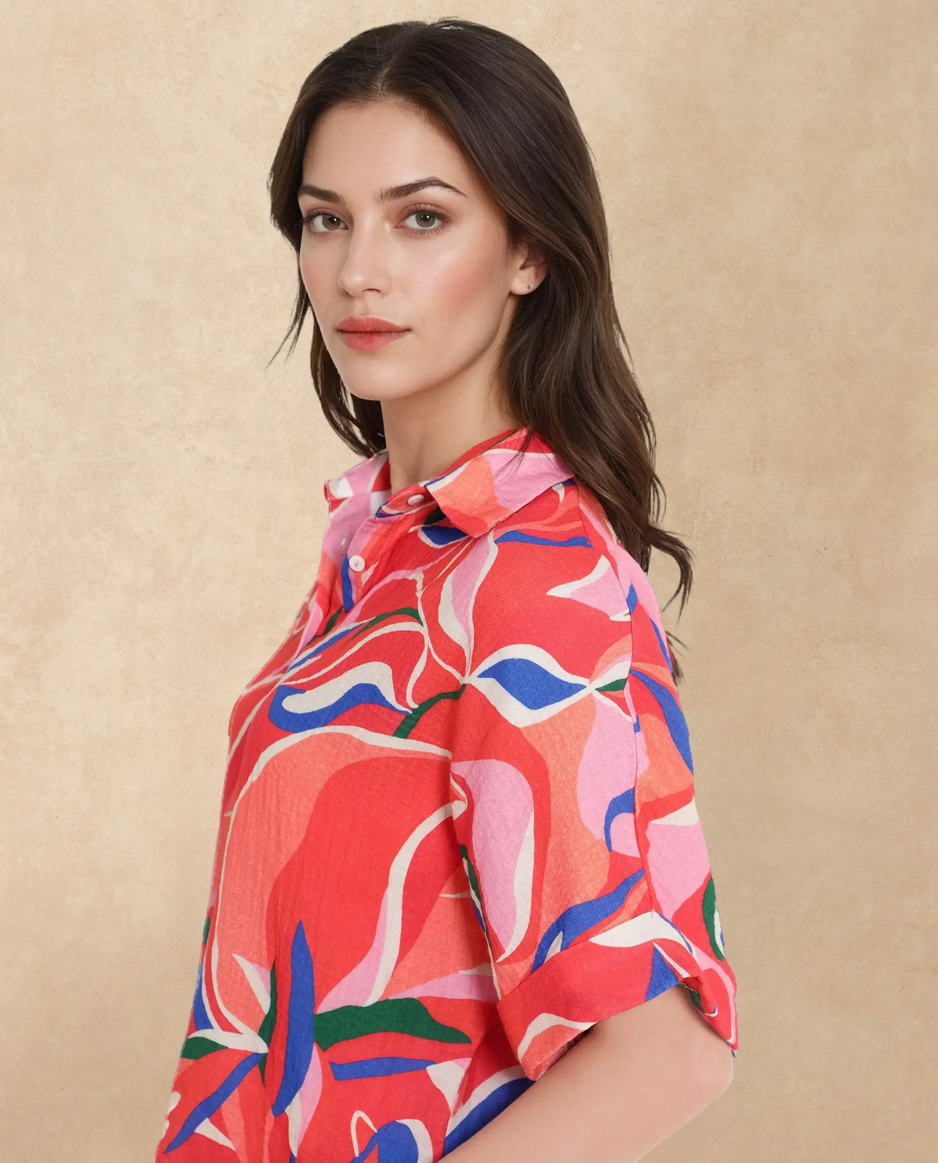 Rareism Women's Babuto-T Multi Cotton Blend Tie-Up Neck Abstract Print Extended Sleeves Regular Fit Shirt - Image 5