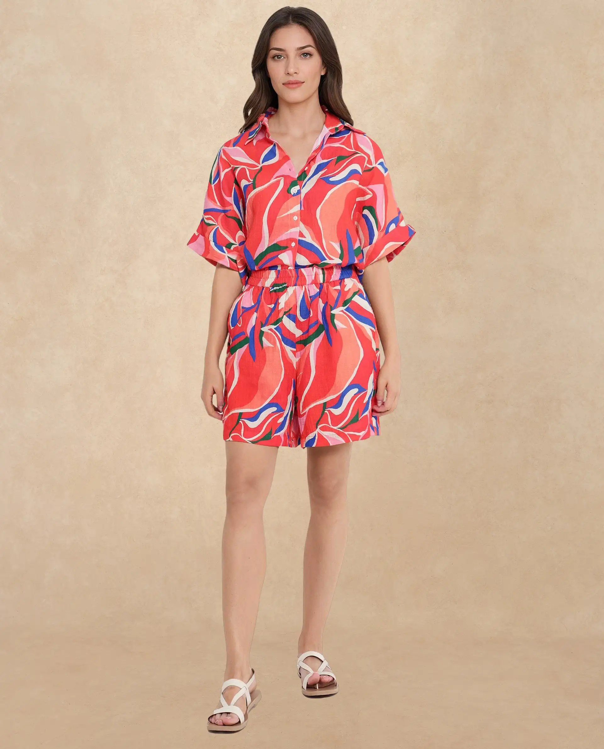 Rareism Women's Babuto-T Multi Cotton Blend Tie-Up Neck Abstract Print Extended Sleeves Regular Fit Shirt - Image 6