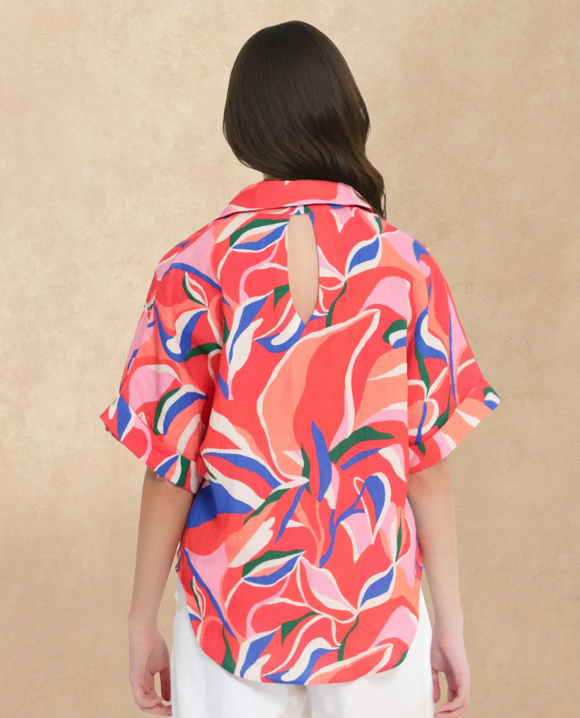Rareism Women's Babuto-T Multi Cotton Blend Tie-Up Neck Abstract Print Extended Sleeves Regular Fit Shirt - Image 7