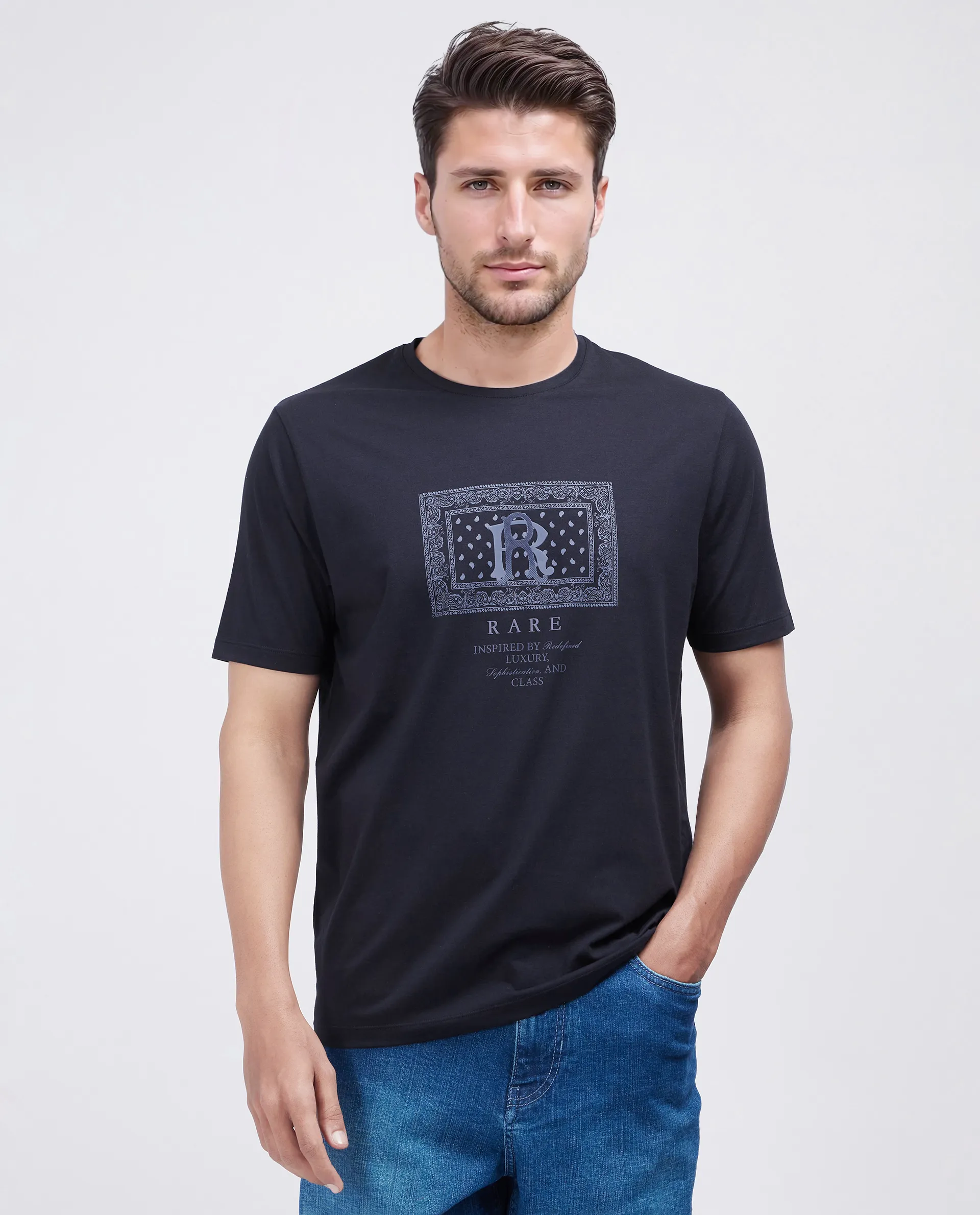 Rare Rabbit Men's Bac Dark Navy Cotton Blend Graphic Print Regular Fit Half Sleeve Crew Neck T-Shirt - Image 2