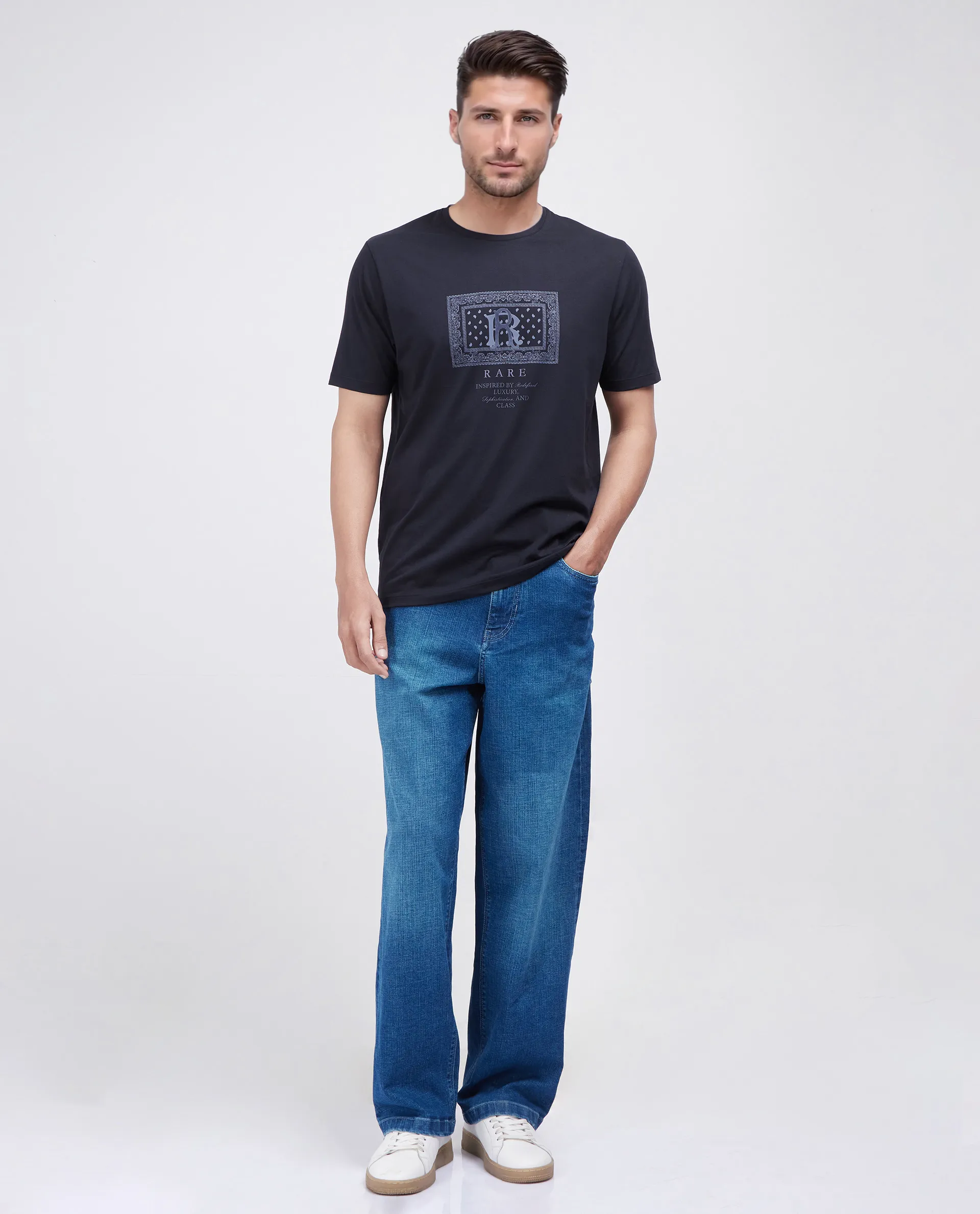 Rare Rabbit Men's Bac Dark Navy Cotton Blend Graphic Print Regular Fit Half Sleeve Crew Neck T-Shirt - Image 3