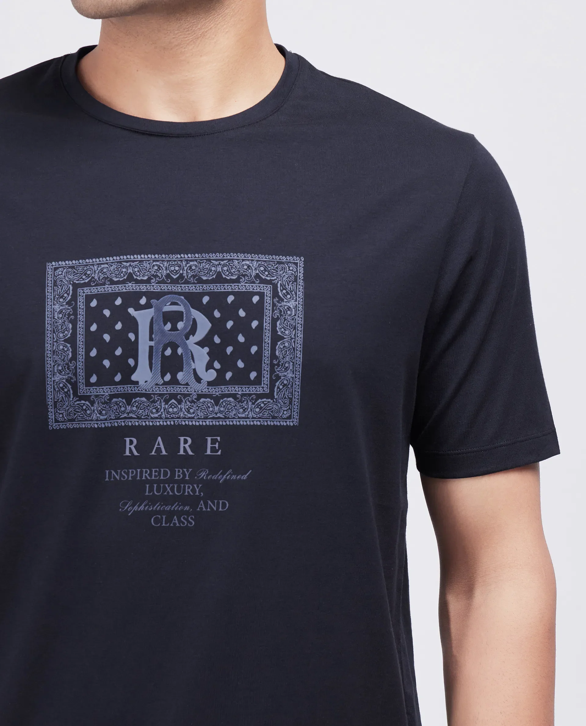 Rare Rabbit Men's Bac Dark Navy Cotton Blend Graphic Print Regular Fit Half Sleeve Crew Neck T-Shirt - Image 4