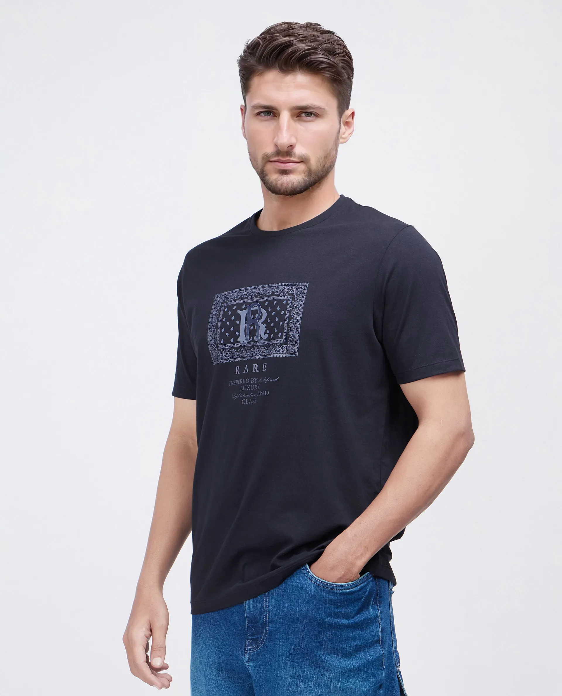 Rare Rabbit Men's Bac Dark Navy Cotton Blend Graphic Print Regular Fit Half Sleeve Crew Neck T-Shirt - Image 6