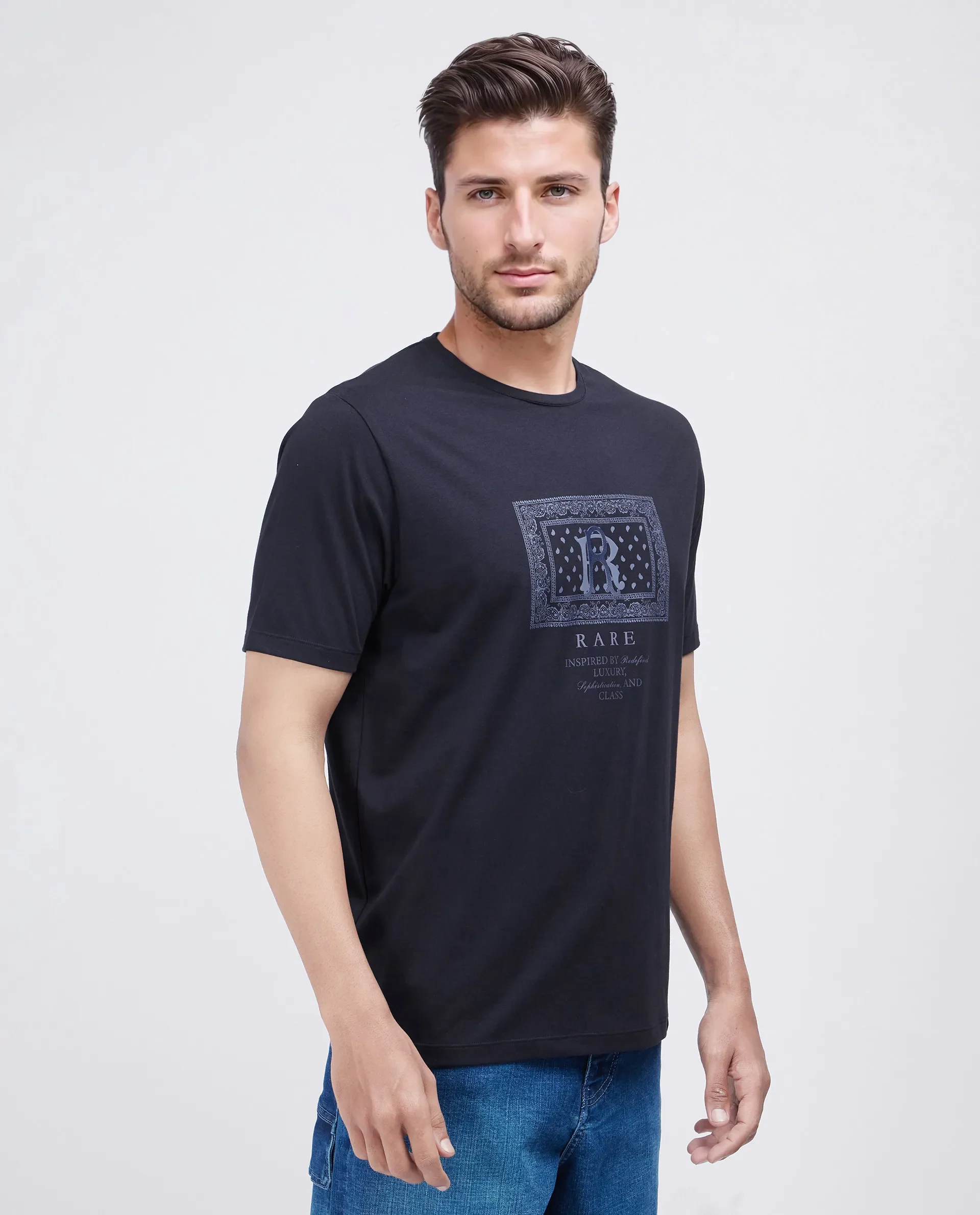 Rare Rabbit Men's Bac Dark Navy Cotton Blend Graphic Print Regular Fit Half Sleeve Crew Neck T-Shirt - Image 7