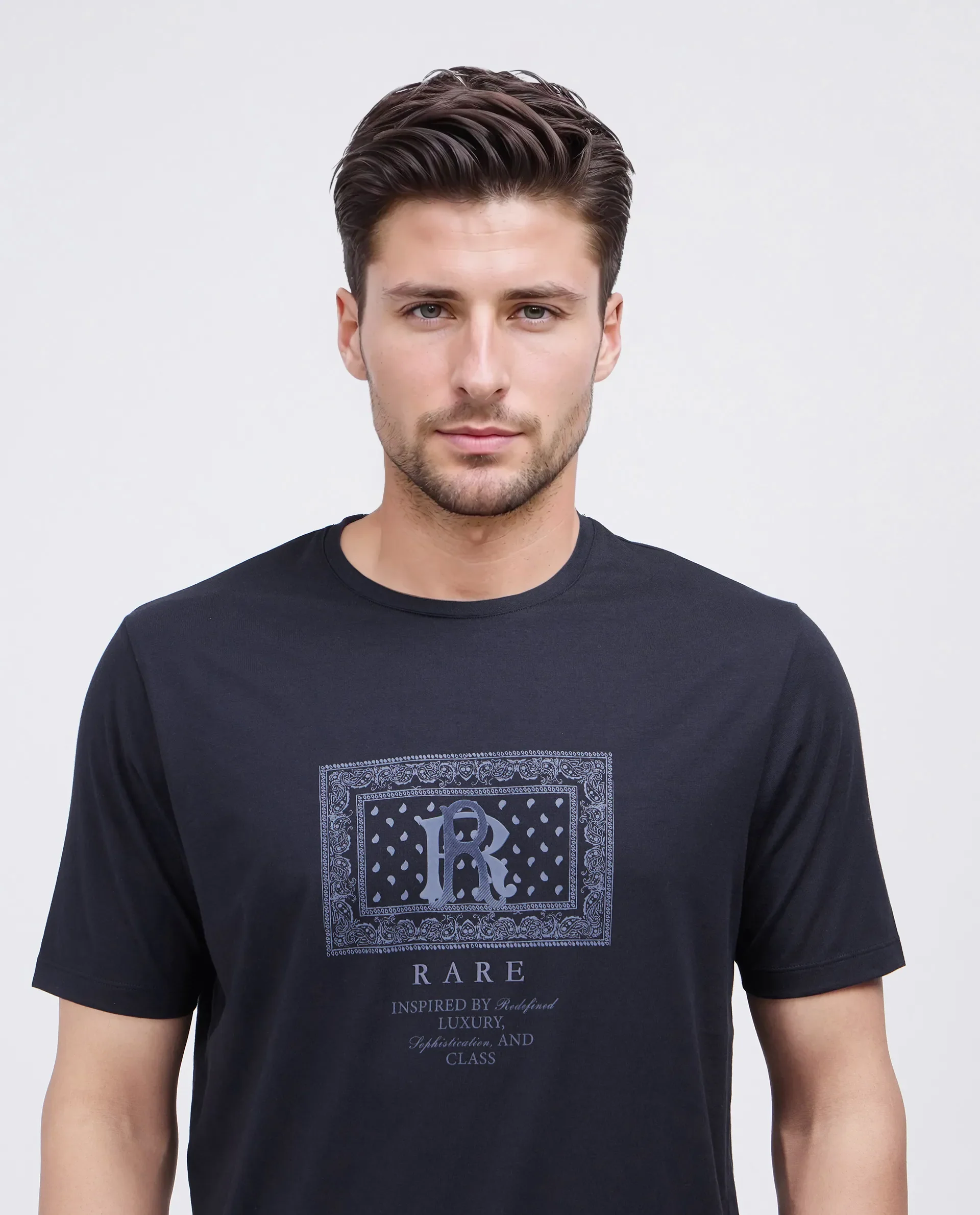 Rare Rabbit Men's Bac Dark Navy Cotton Blend Graphic Print Regular Fit Half Sleeve Crew Neck T-Shirt - Image 8