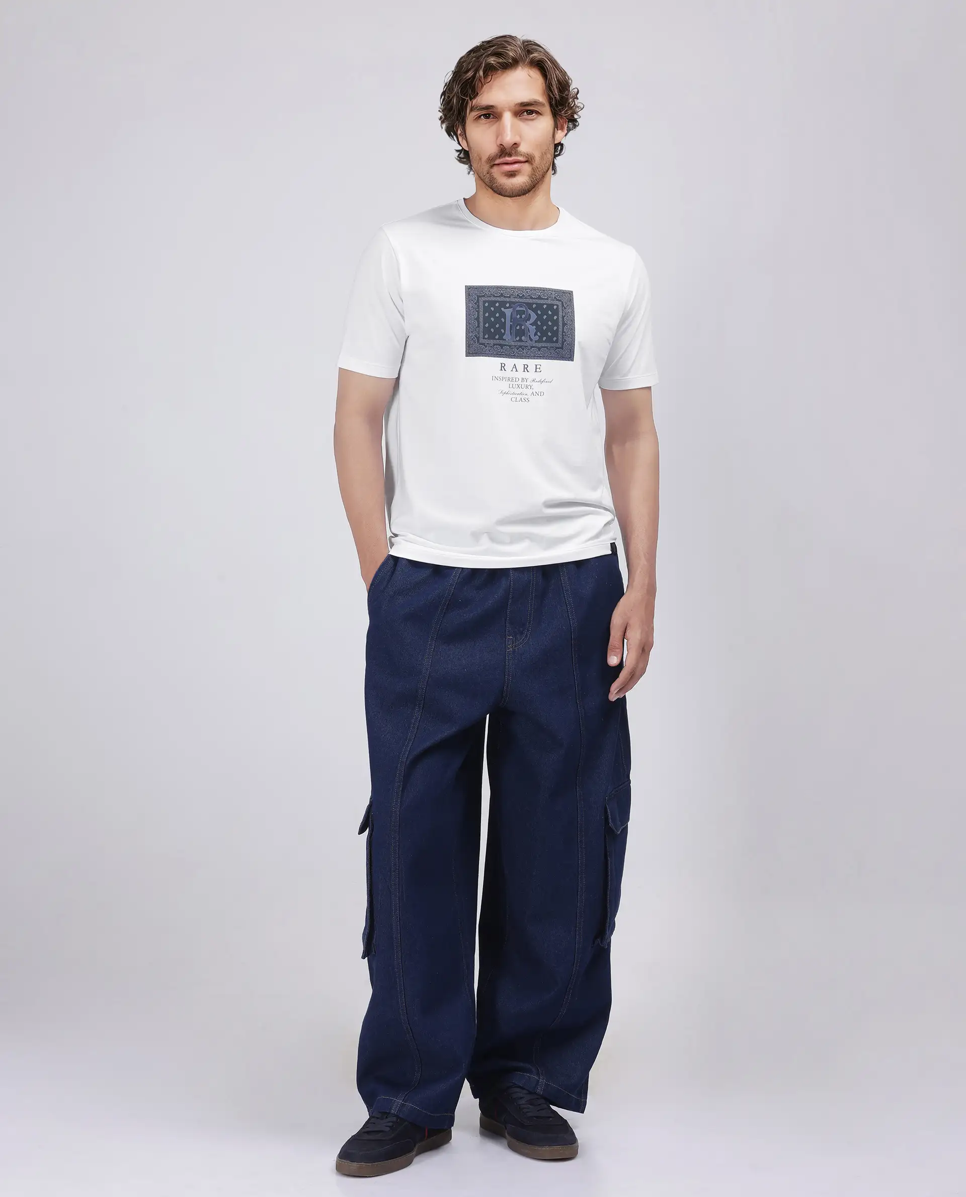 Rare Rabbit Men's Bac White Cotton Blend Graphic Print Regular Fit Half Sleeve Crew Neck T-Shirt - Image 2