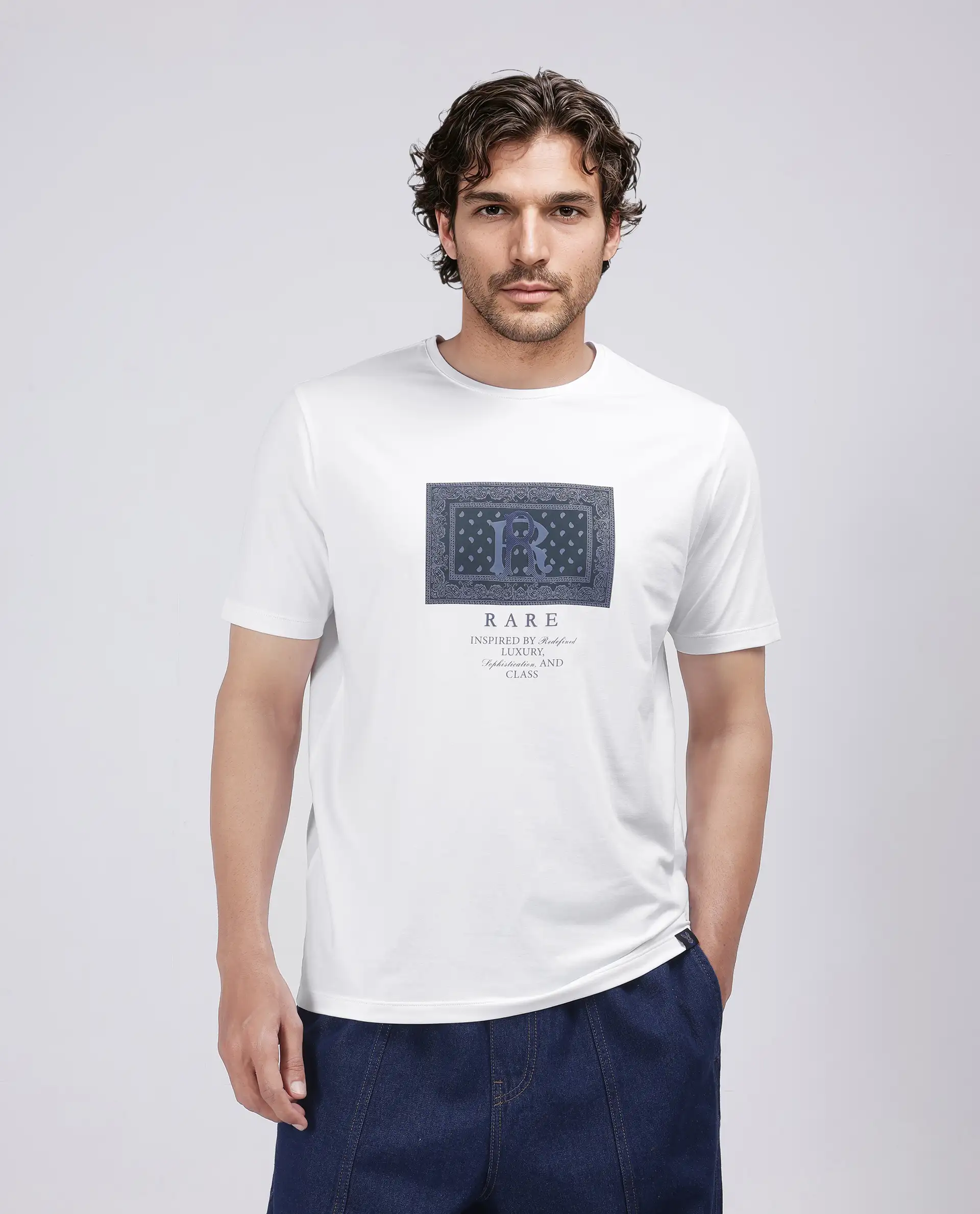 Rare Rabbit Men's Bac White Cotton Blend Graphic Print Regular Fit Half Sleeve Crew Neck T-Shirt - Image 4