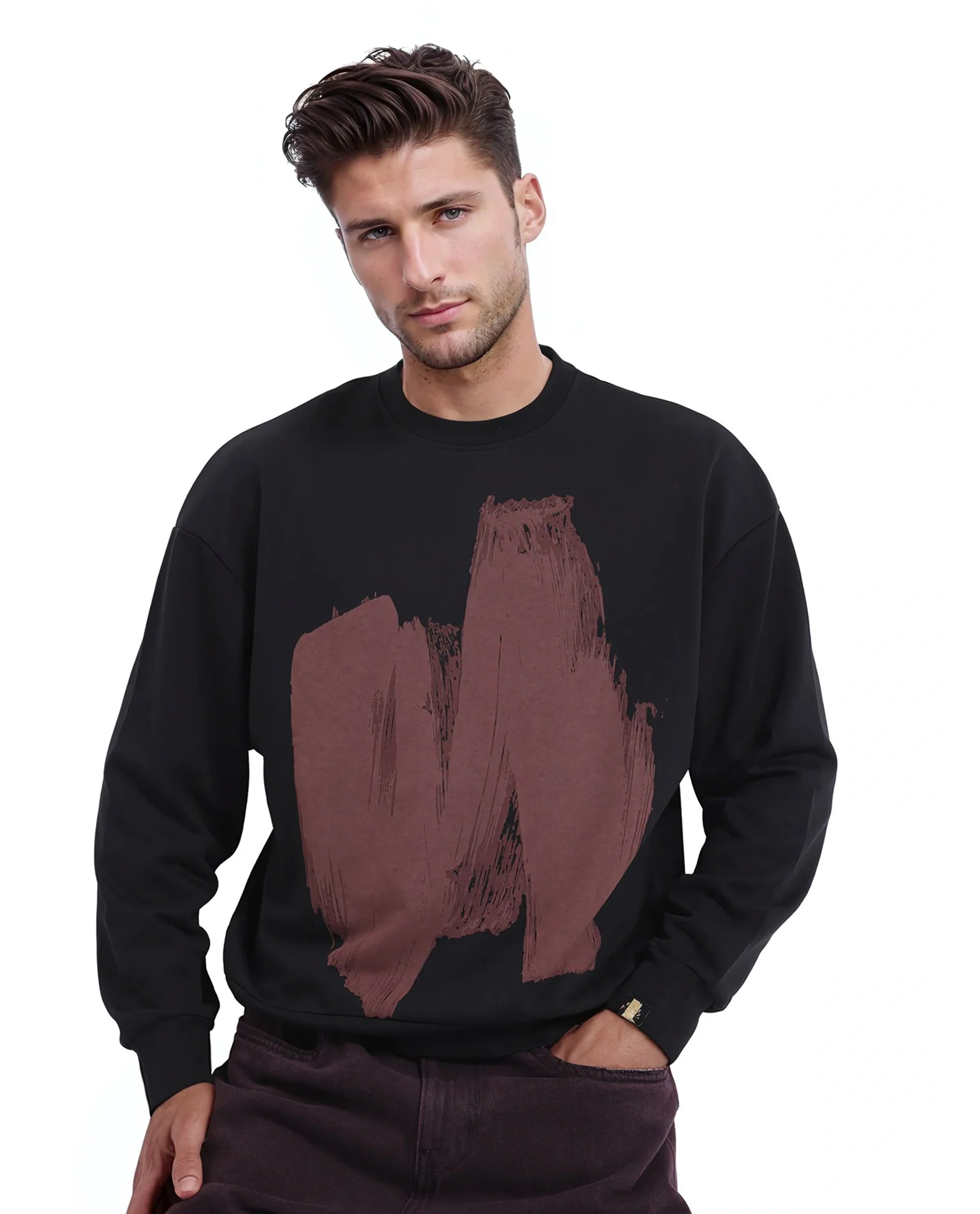 Rare Rabbit Men's Bade Black Cotton Abstract Print Boxy Fit Full Sleeve Crew Neck Sweatshirt