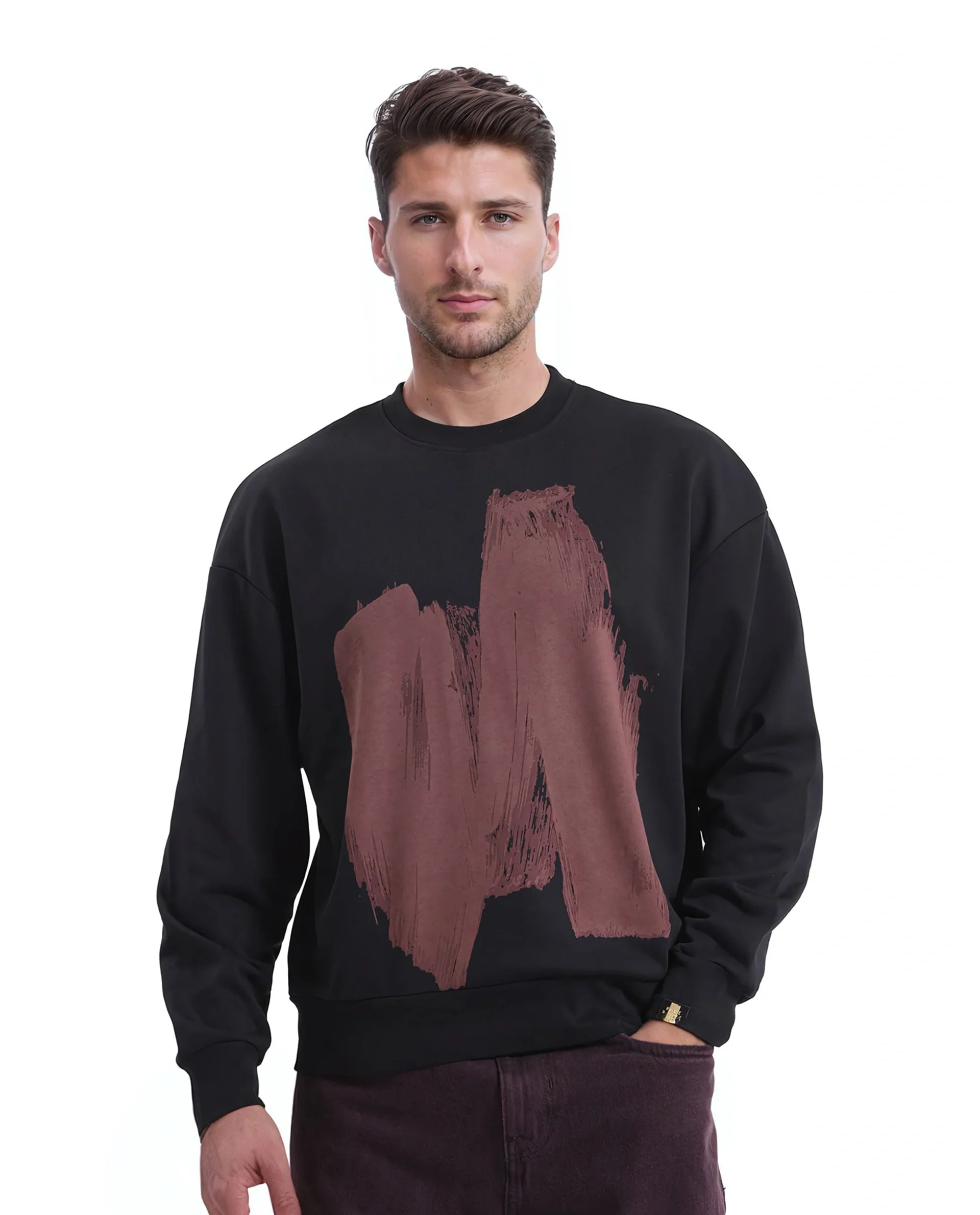 Rare Rabbit Men's Bade Black Cotton Abstract Print Boxy Fit Full Sleeve Crew Neck Sweatshirt - Image 4