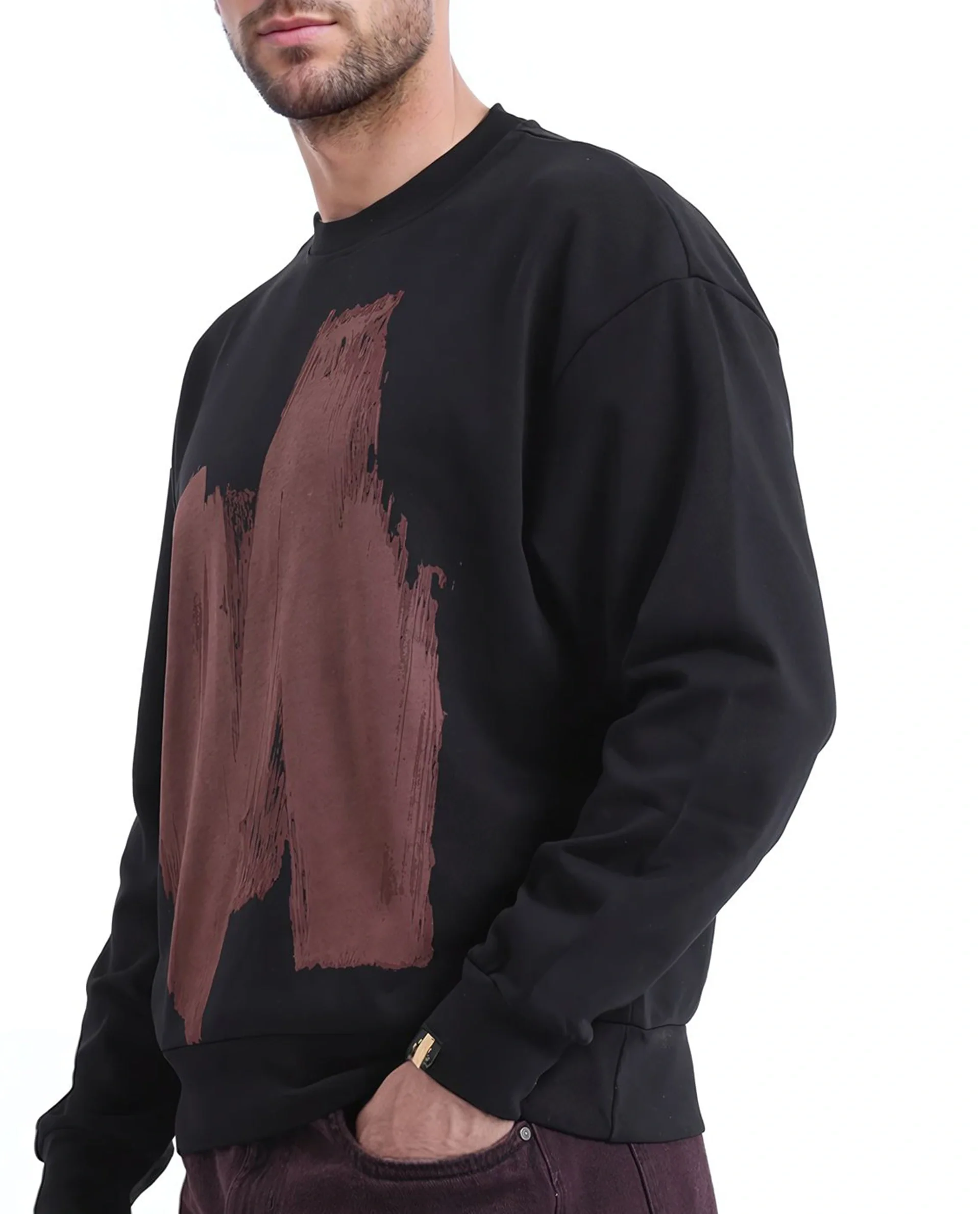 Rare Rabbit Men's Bade Black Cotton Abstract Print Boxy Fit Full Sleeve Crew Neck Sweatshirt - Image 5