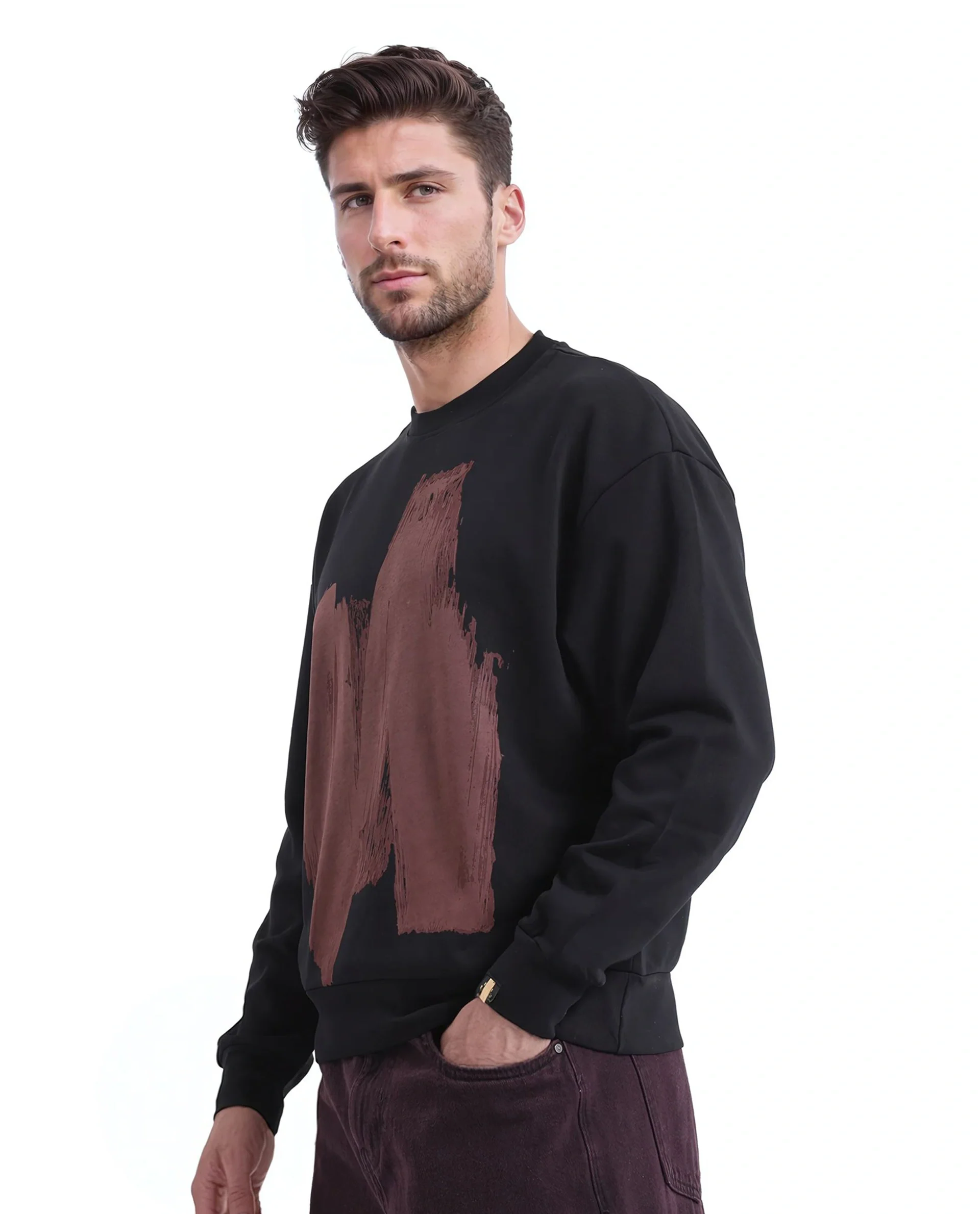 Rare Rabbit Men's Bade Black Cotton Abstract Print Boxy Fit Full Sleeve Crew Neck Sweatshirt - Image 6