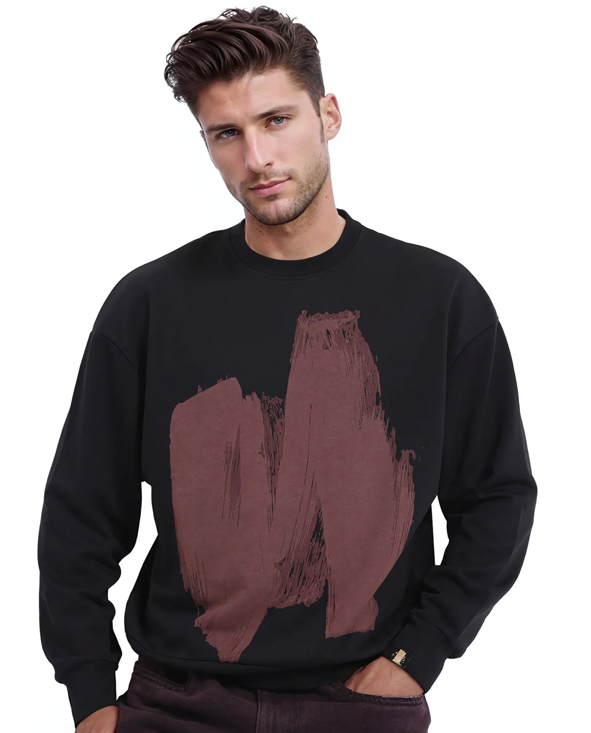 Rare Rabbit Men's Bade Black Cotton Abstract Print Boxy Fit Full Sleeve Crew Neck Sweatshirt - Image 9