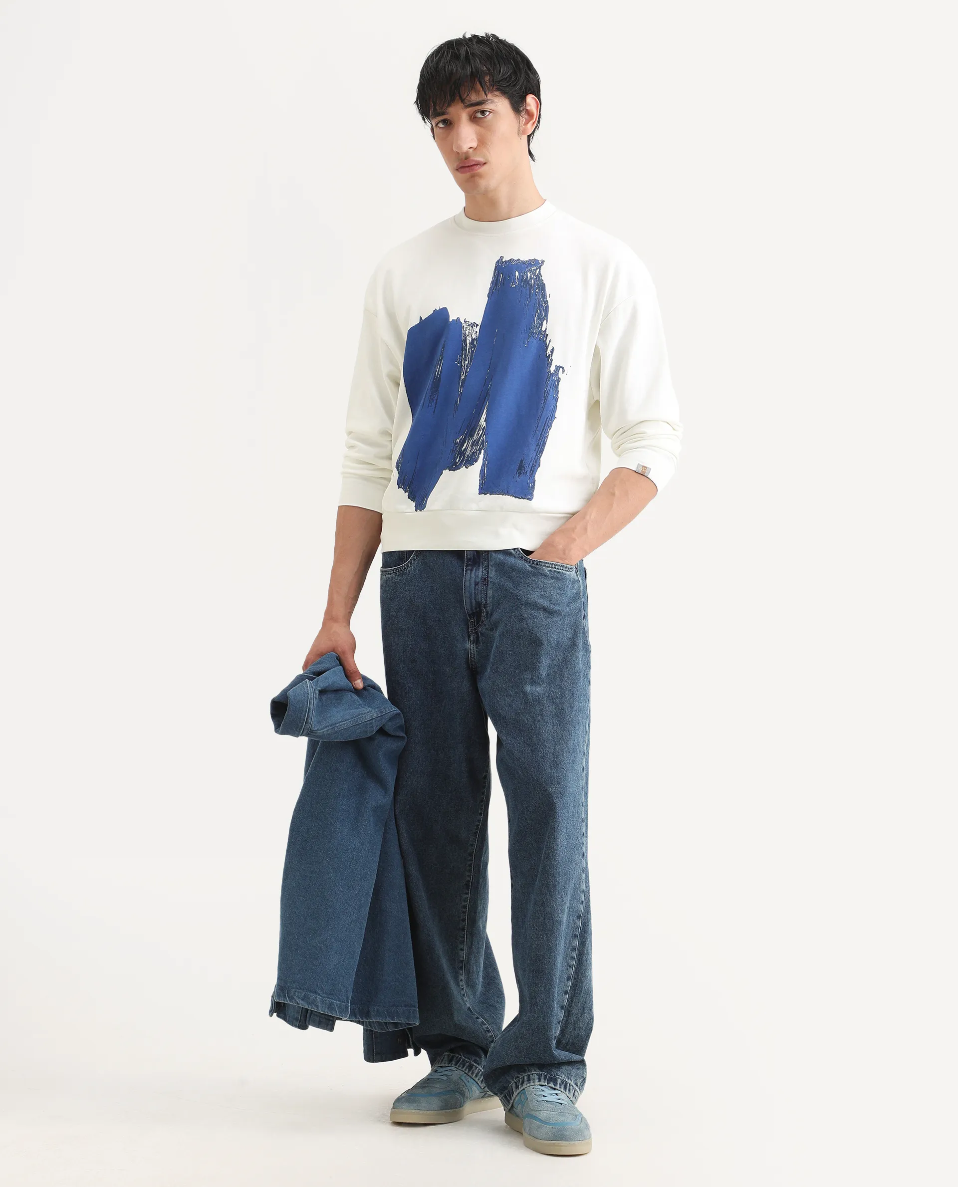 Rare Rabbit Men's Bade Off White Cotton Abstract Print Boxy Fit Full Sleeve Crew Neck Sweatshirt - Image 2