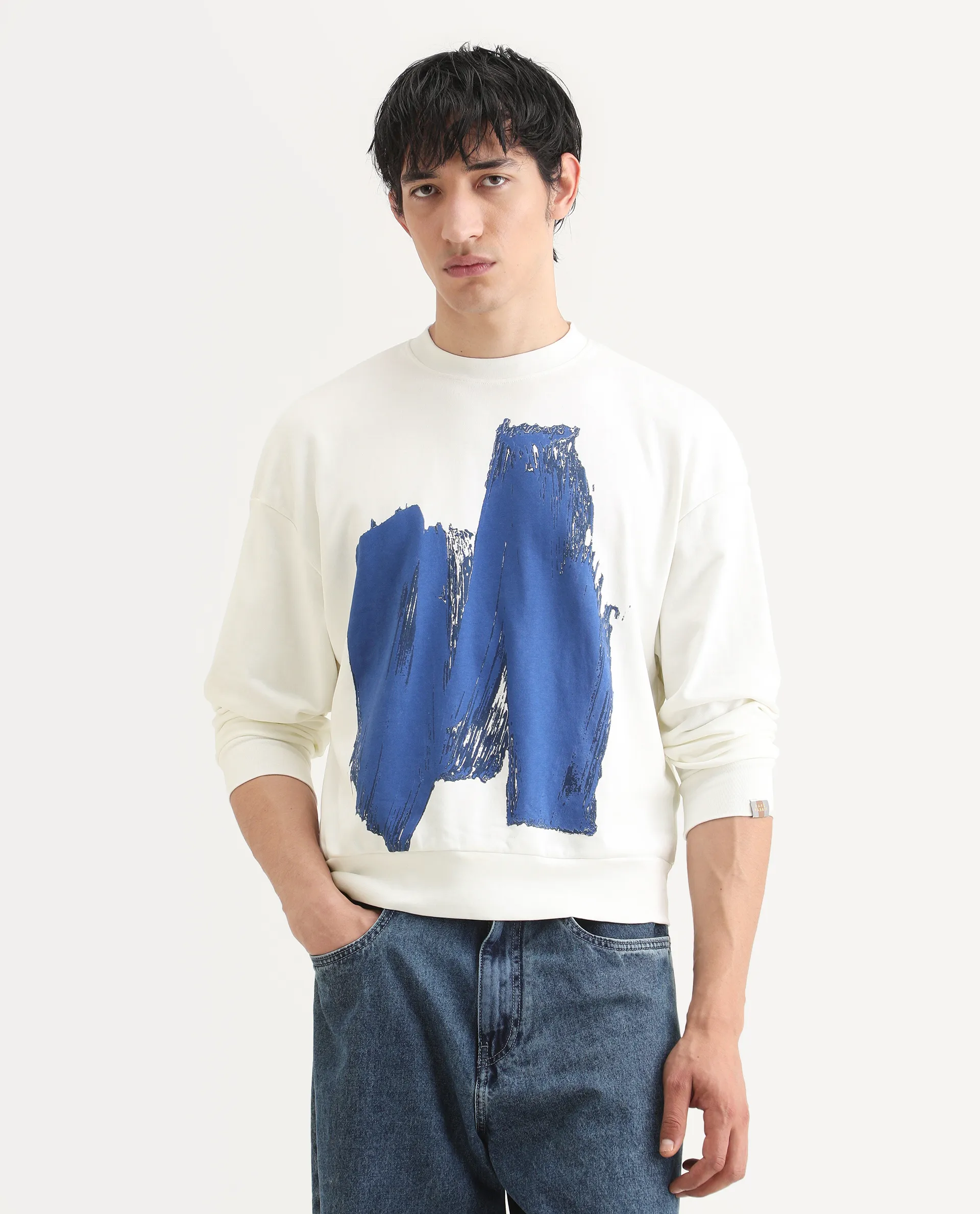 Rare Rabbit Men's Bade Off White Cotton Abstract Print Boxy Fit Full Sleeve Crew Neck Sweatshirt - Image 3