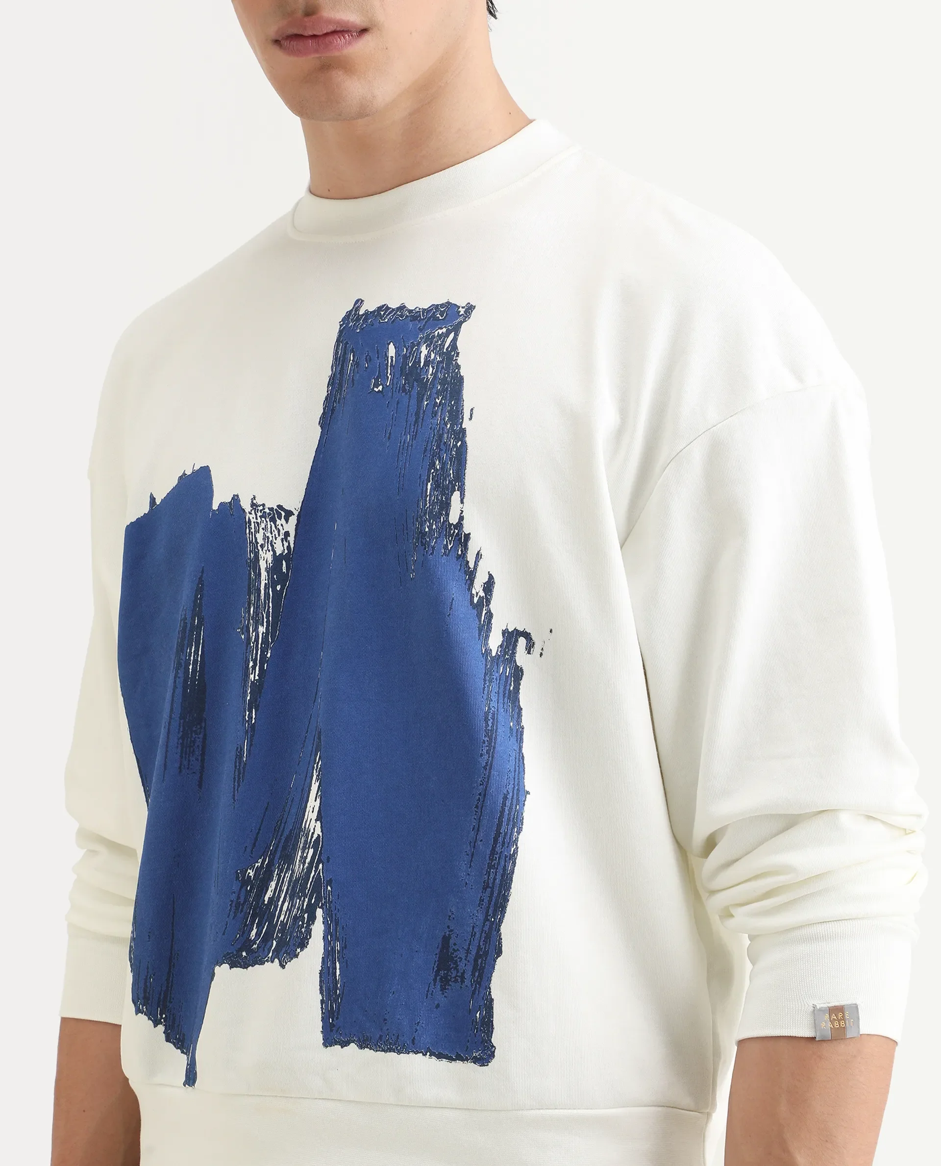 Rare Rabbit Men's Bade Off White Cotton Abstract Print Boxy Fit Full Sleeve Crew Neck Sweatshirt - Image 4