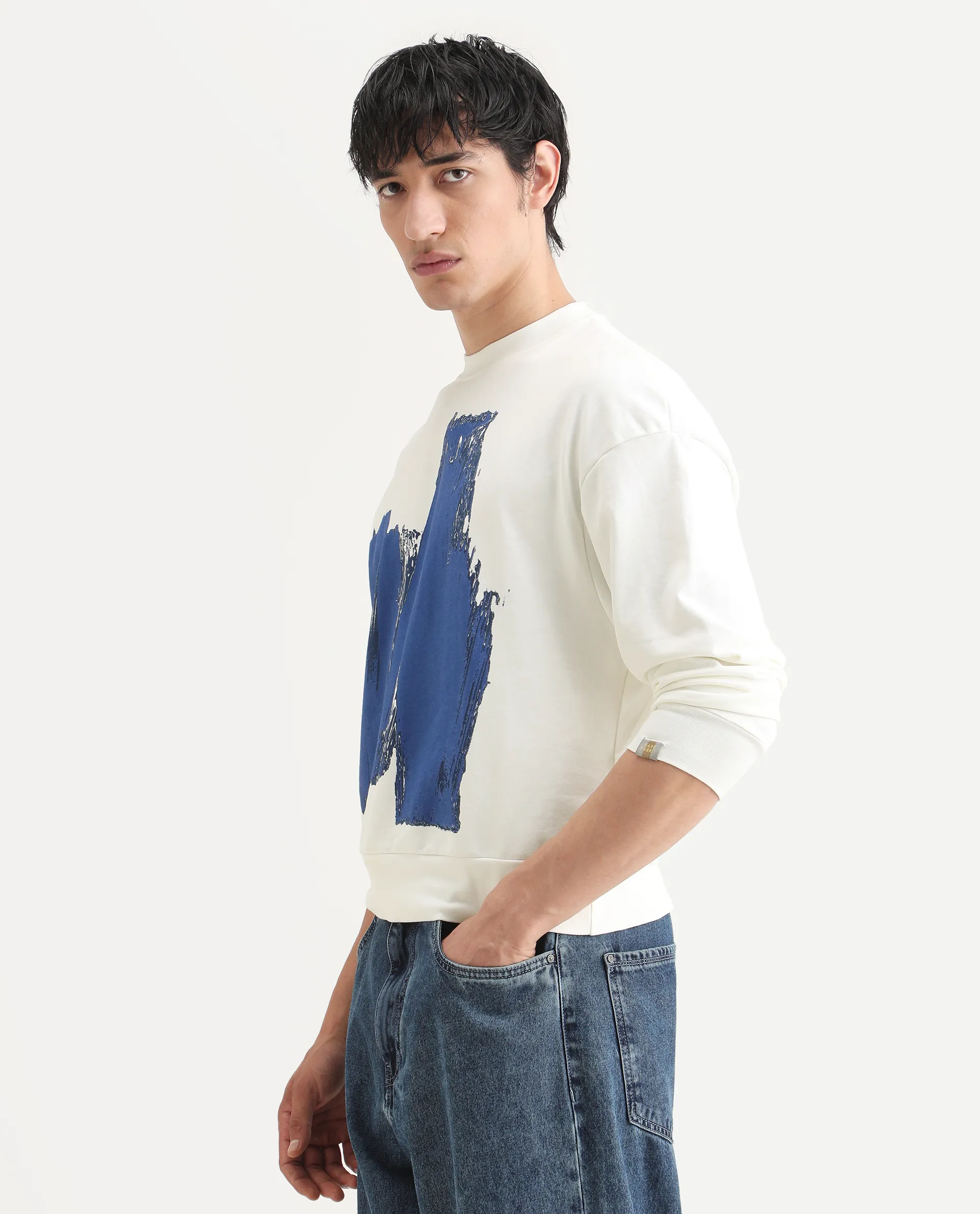 Rare Rabbit Men's Bade Off White Cotton Abstract Print Boxy Fit Full Sleeve Crew Neck Sweatshirt - Image 5