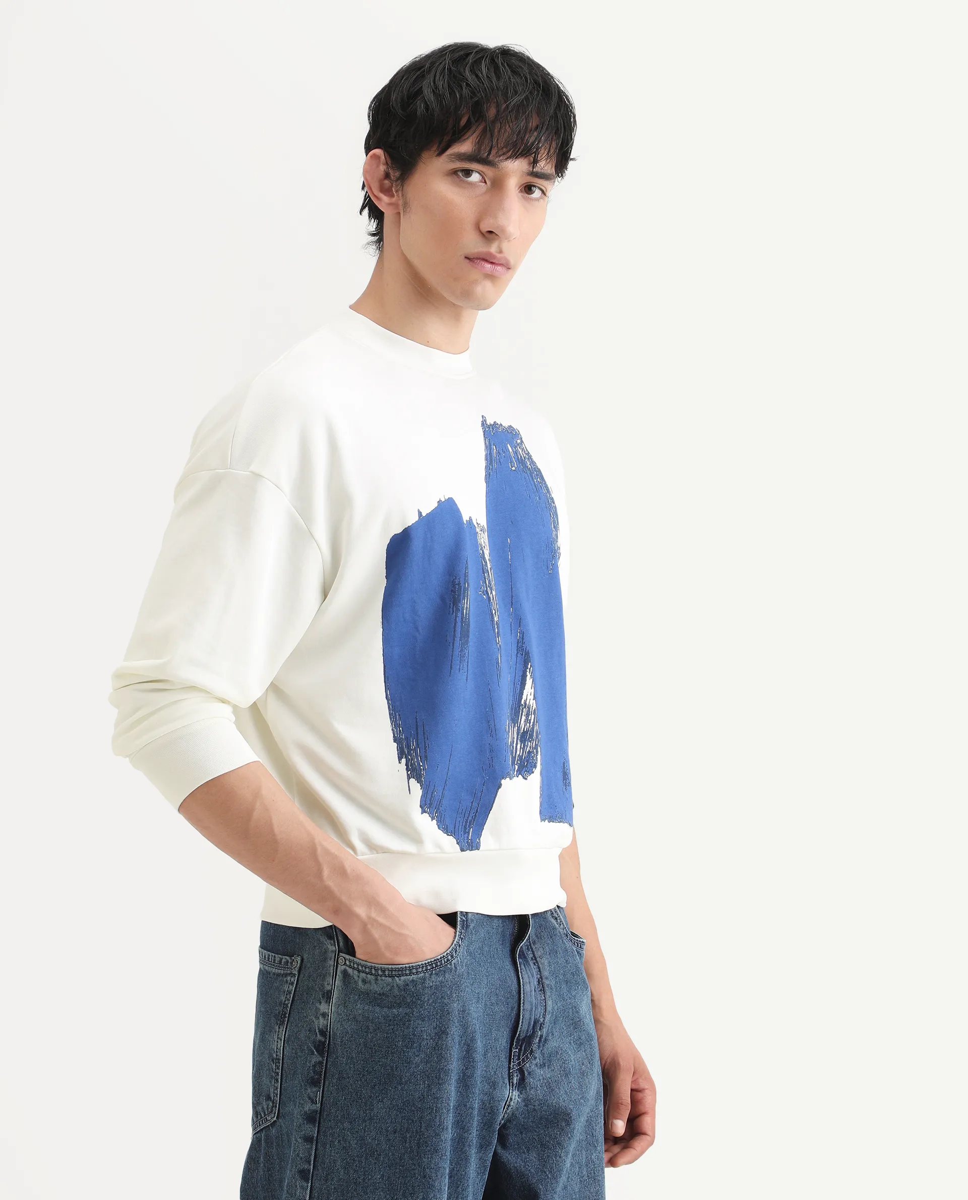 Rare Rabbit Men's Bade Off White Cotton Abstract Print Boxy Fit Full Sleeve Crew Neck Sweatshirt - Image 6