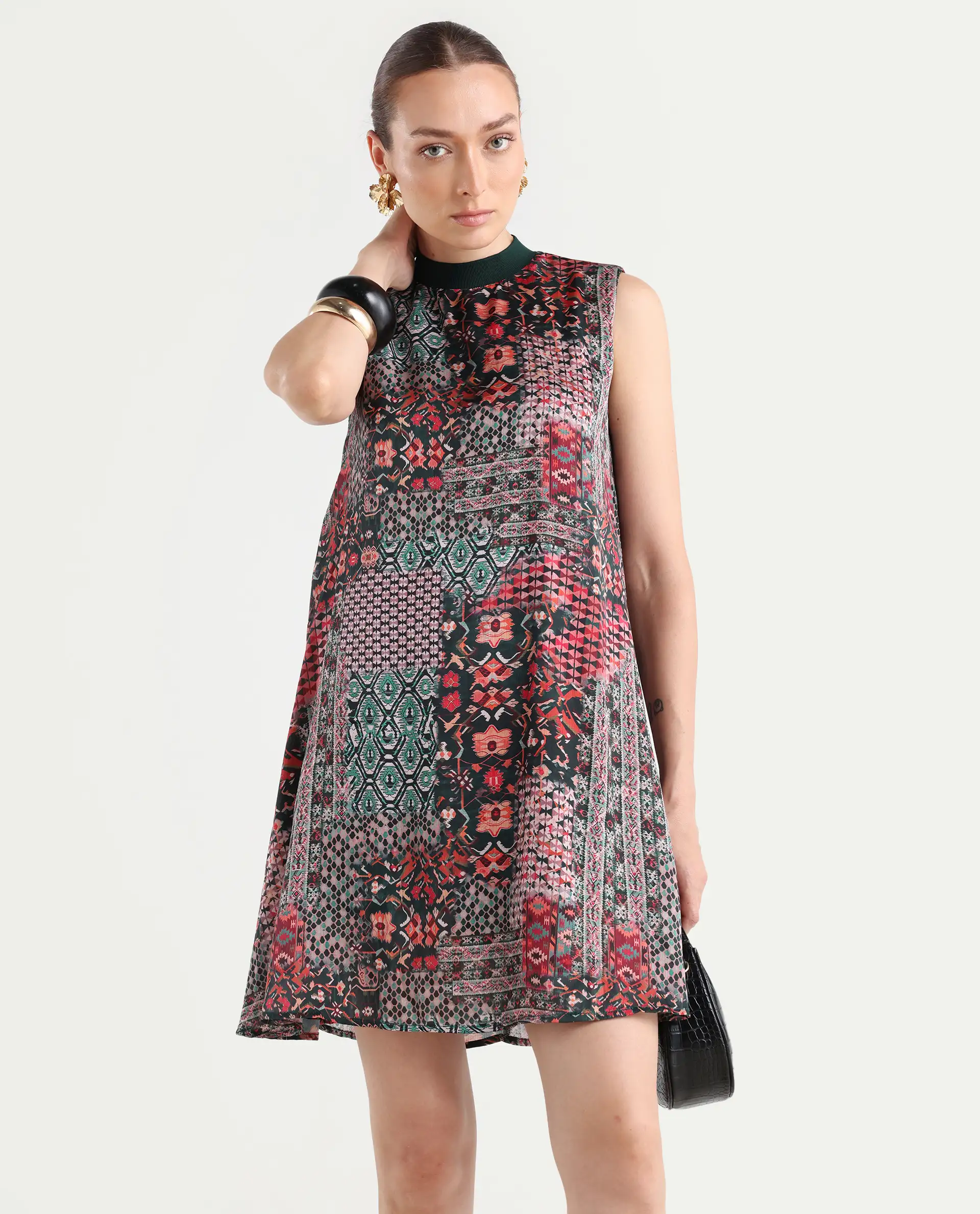 Rareism Women's Baden Dark Multi Satin Turtle Neck Abstract Print Sleeveless Knee Length Flared Dress