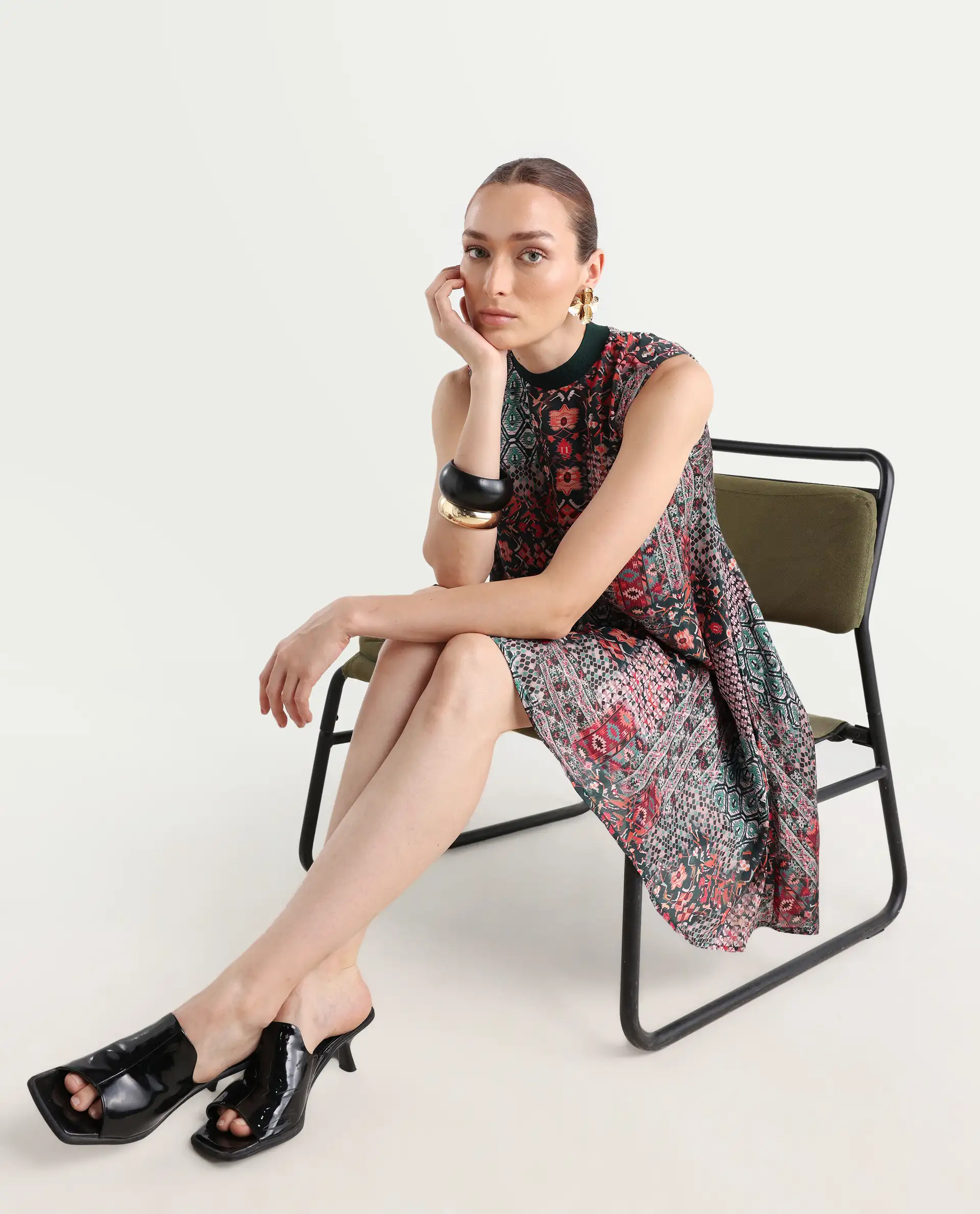 Rareism Women's Baden Dark Multi Satin Turtle Neck Abstract Print Sleeveless Knee Length Flared Dress - Image 2