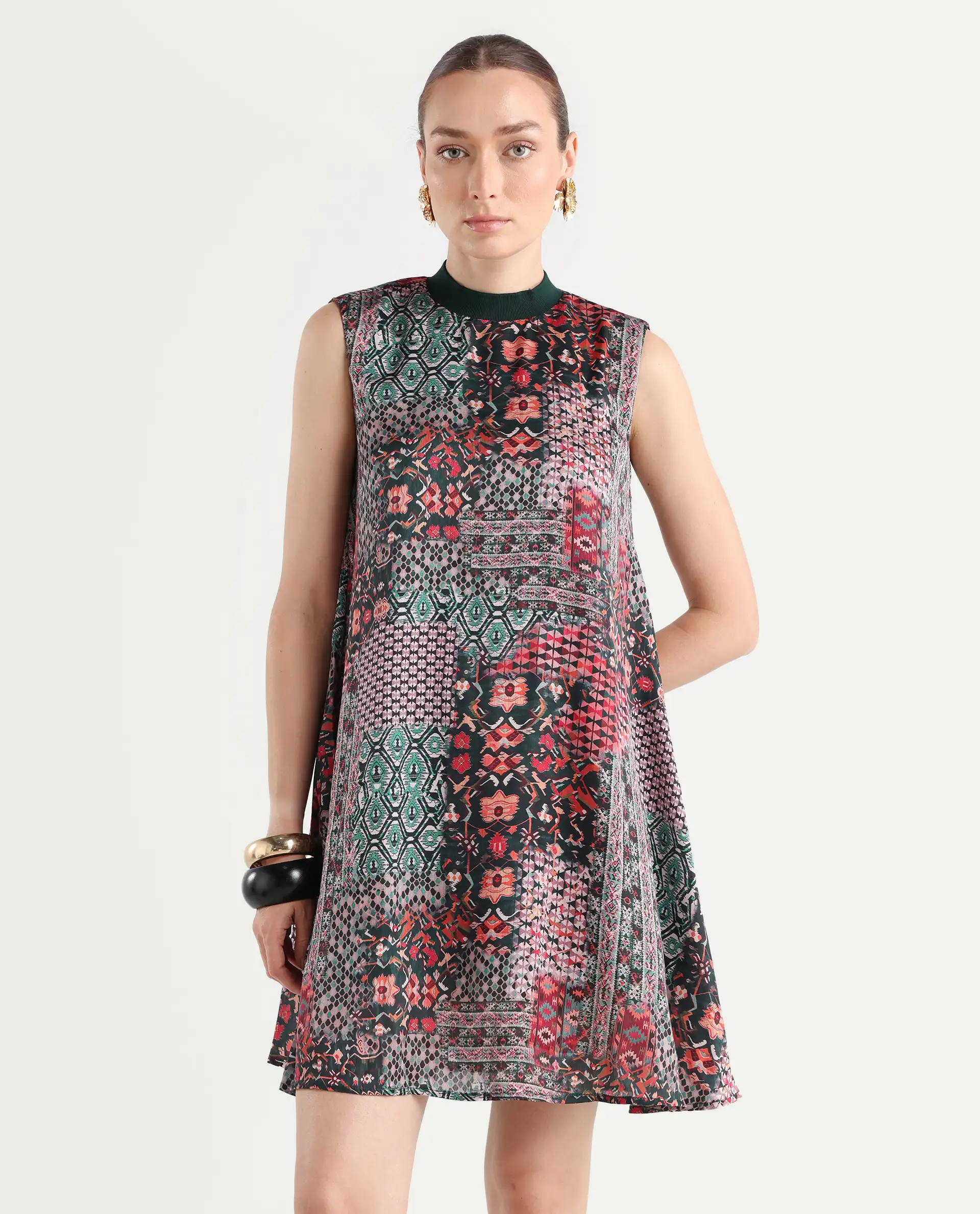 Rareism Women's Baden Dark Multi Satin Turtle Neck Abstract Print Sleeveless Knee Length Flared Dress - Image 3