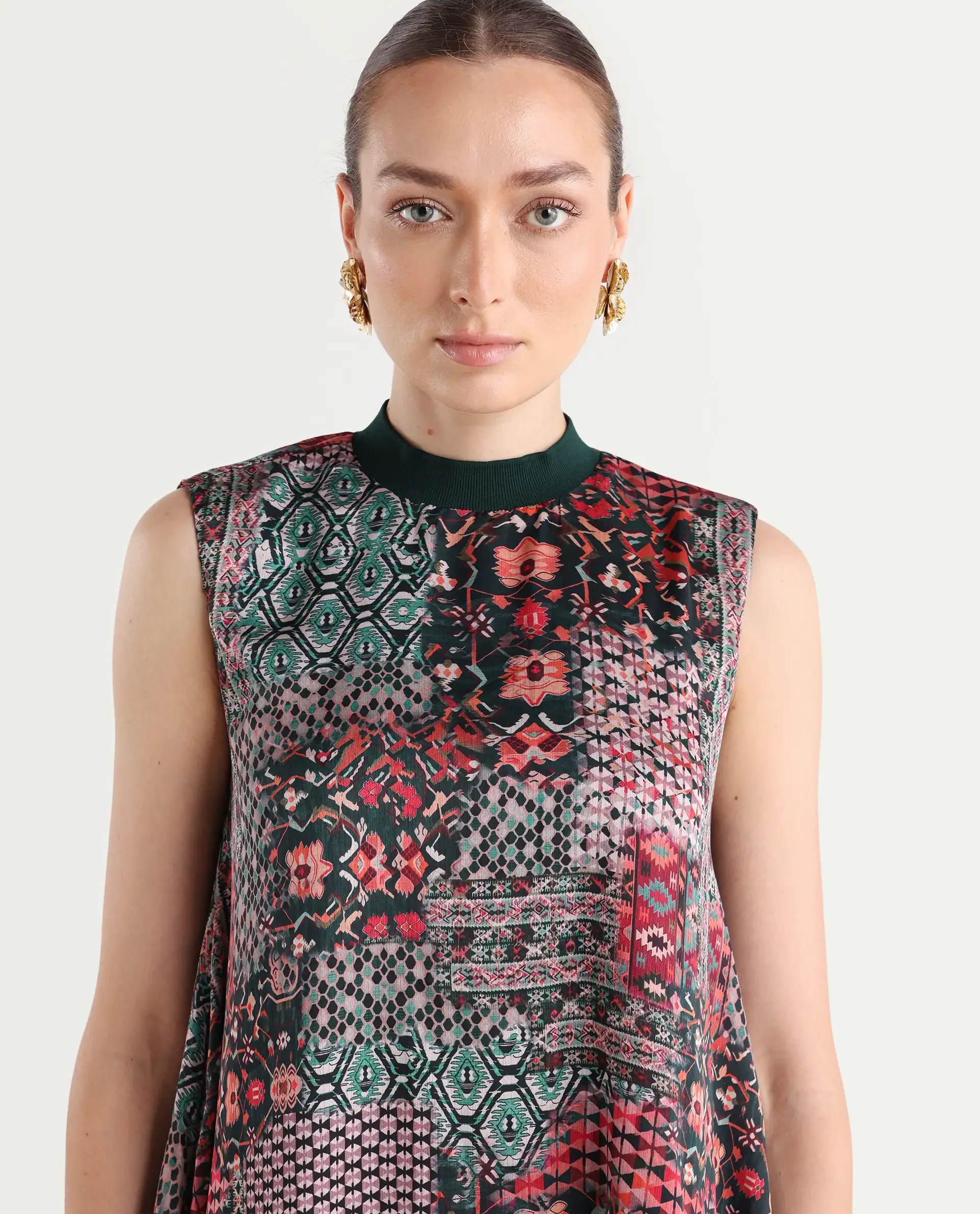 Rareism Women's Baden Dark Multi Satin Turtle Neck Abstract Print Sleeveless Knee Length Flared Dress - Image 4