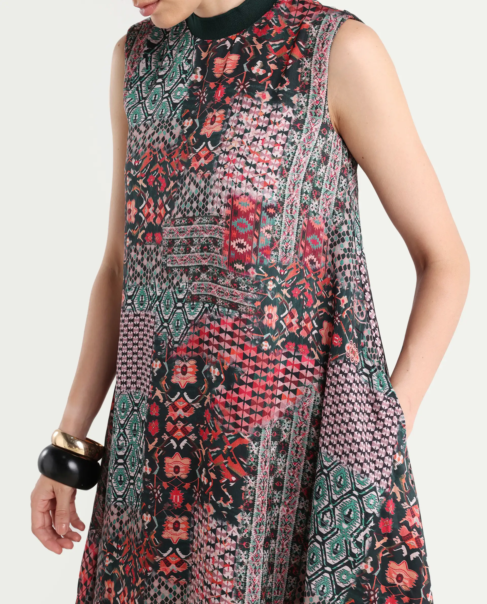Rareism Women's Baden Dark Multi Satin Turtle Neck Abstract Print Sleeveless Knee Length Flared Dress - Image 5