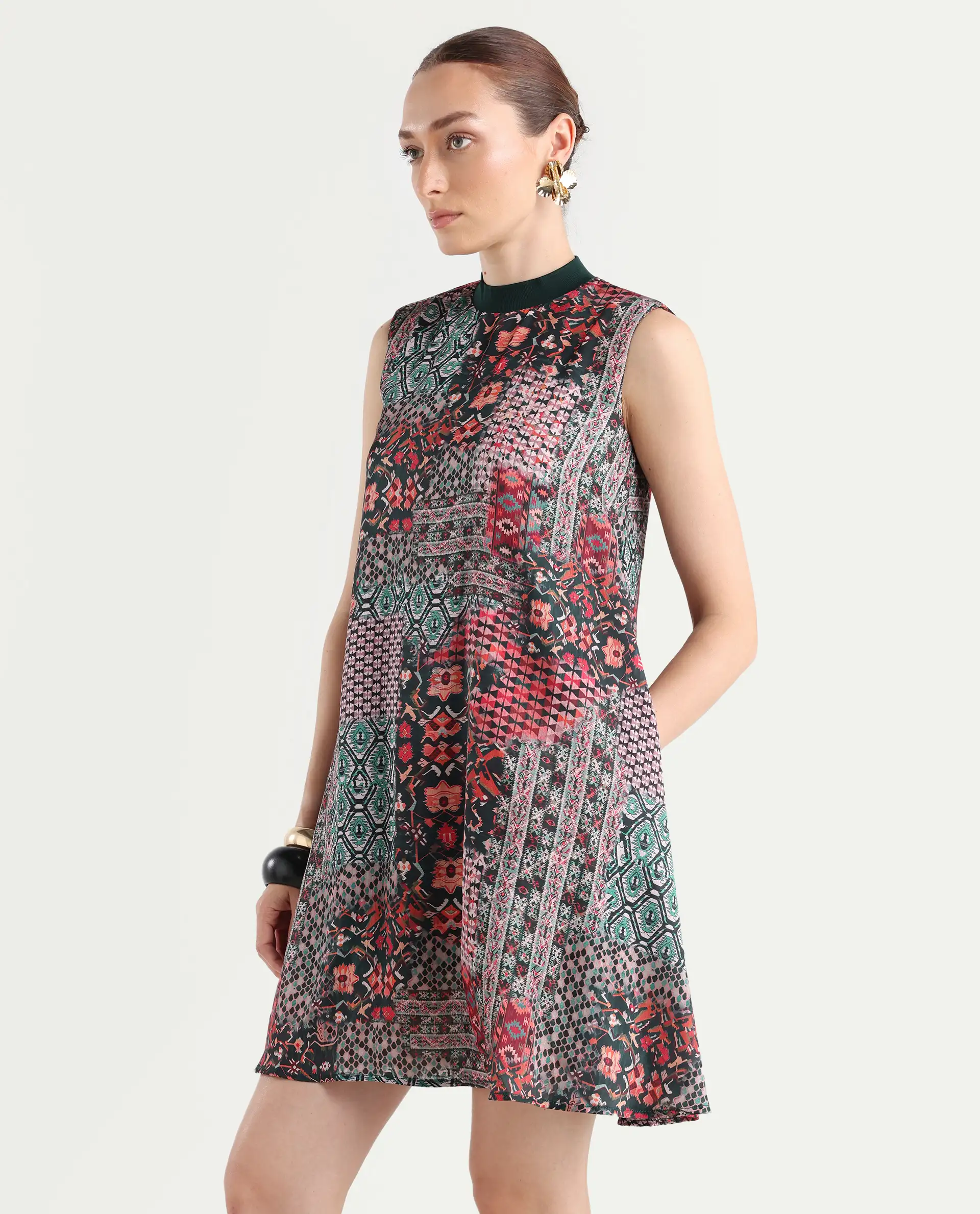 Rareism Women's Baden Dark Multi Satin Turtle Neck Abstract Print Sleeveless Knee Length Flared Dress - Image 6