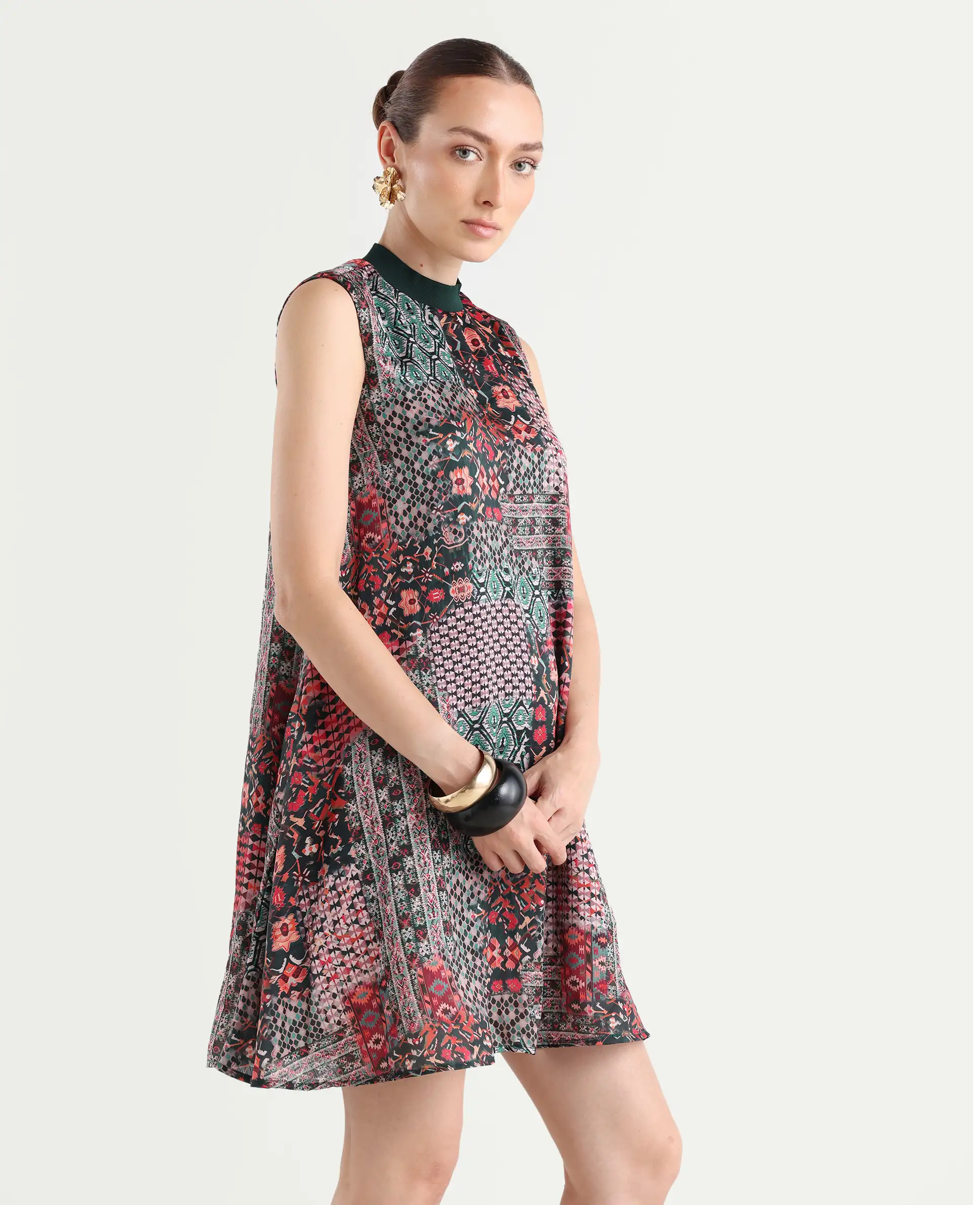 Rareism Women's Baden Dark Multi Satin Turtle Neck Abstract Print Sleeveless Knee Length Flared Dress - Image 7