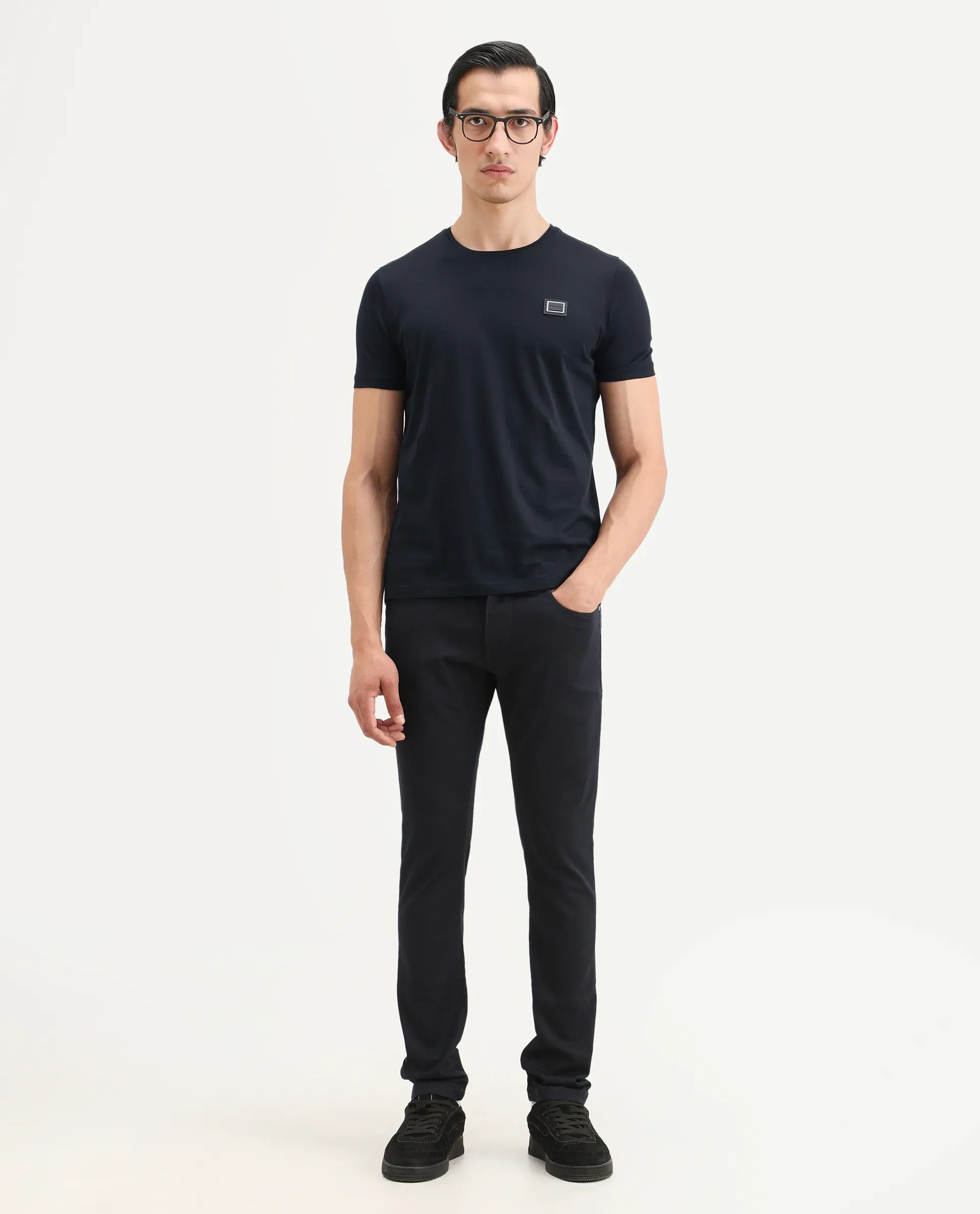 Rare Rabbit Men's Badgen Navy Cotton Plain Regular Fit Half Sleeve Crew Neck T-Shirt - Image 2