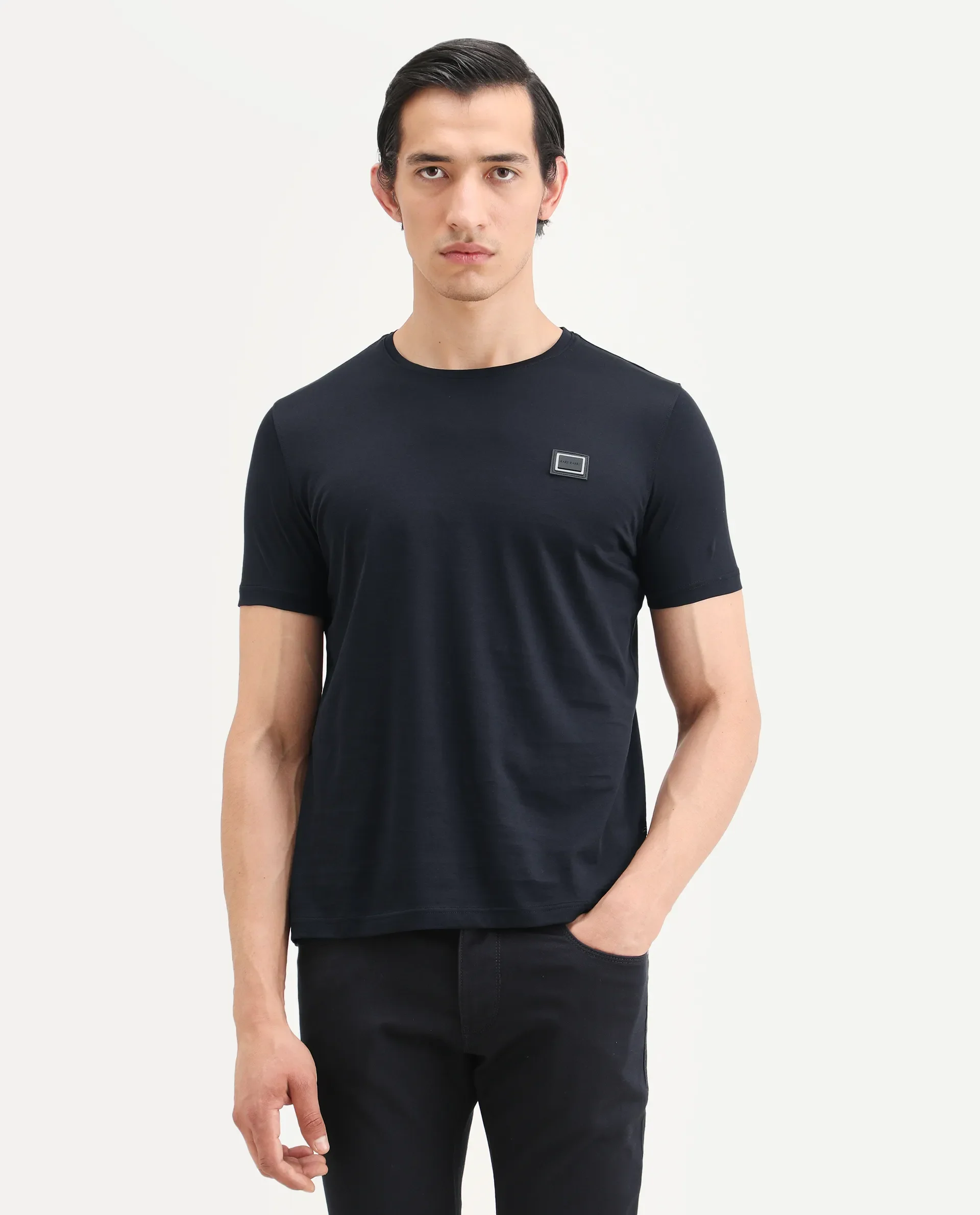 Rare Rabbit Men's Badgen Navy Cotton Plain Regular Fit Half Sleeve Crew Neck T-Shirt - Image 3