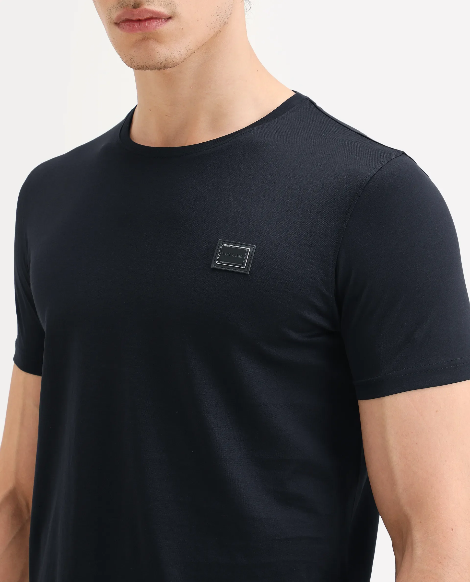 Rare Rabbit Men's Badgen Navy Cotton Plain Regular Fit Half Sleeve Crew Neck T-Shirt - Image 4